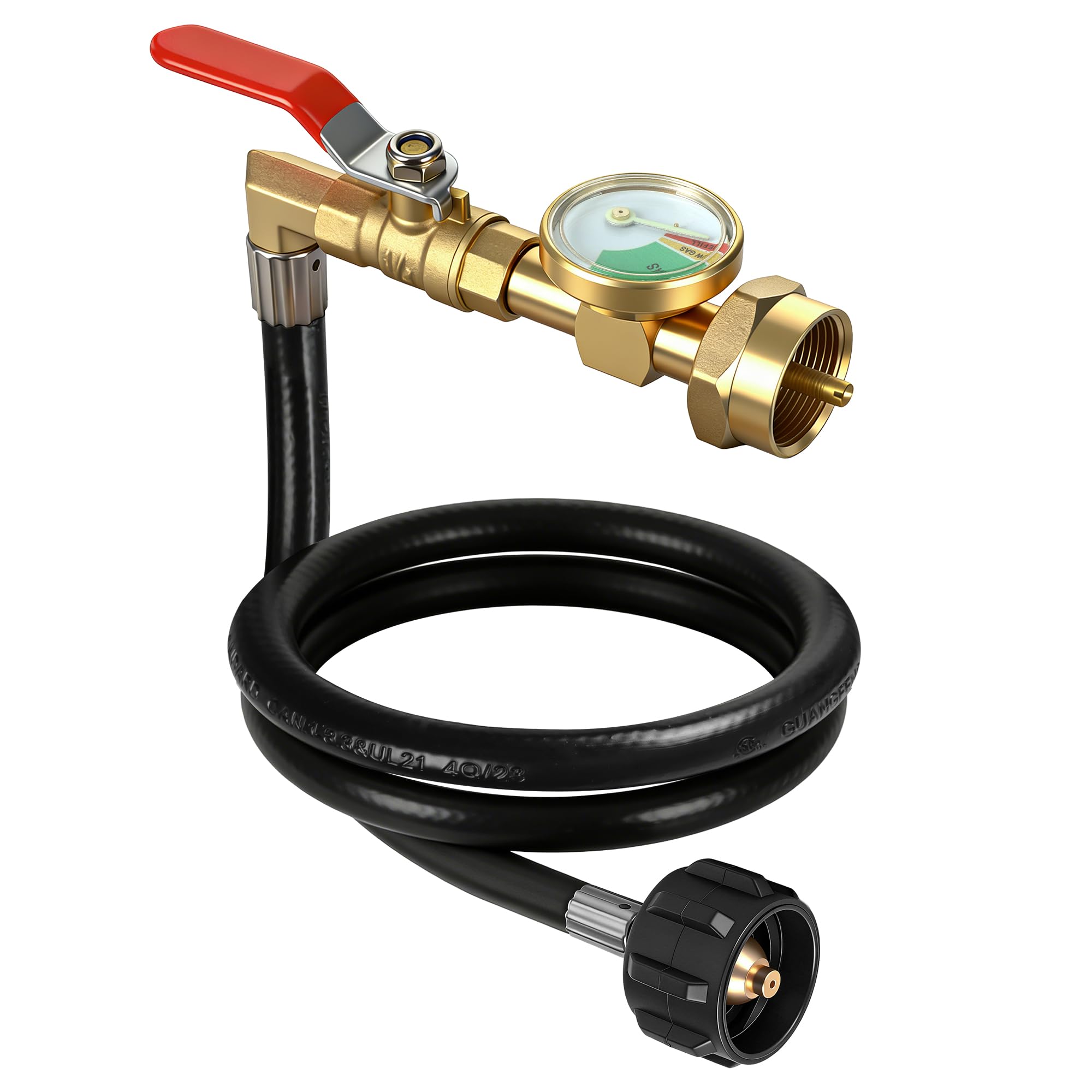 Adapter do napełniania propanu do zbiorników 0,5 kg, wąż 3FT z manometrem i zaworem, wytrzymały mosiądz, złącze QCC1/Type1, bezpieczne napełnianie butli 9 kg na kemping