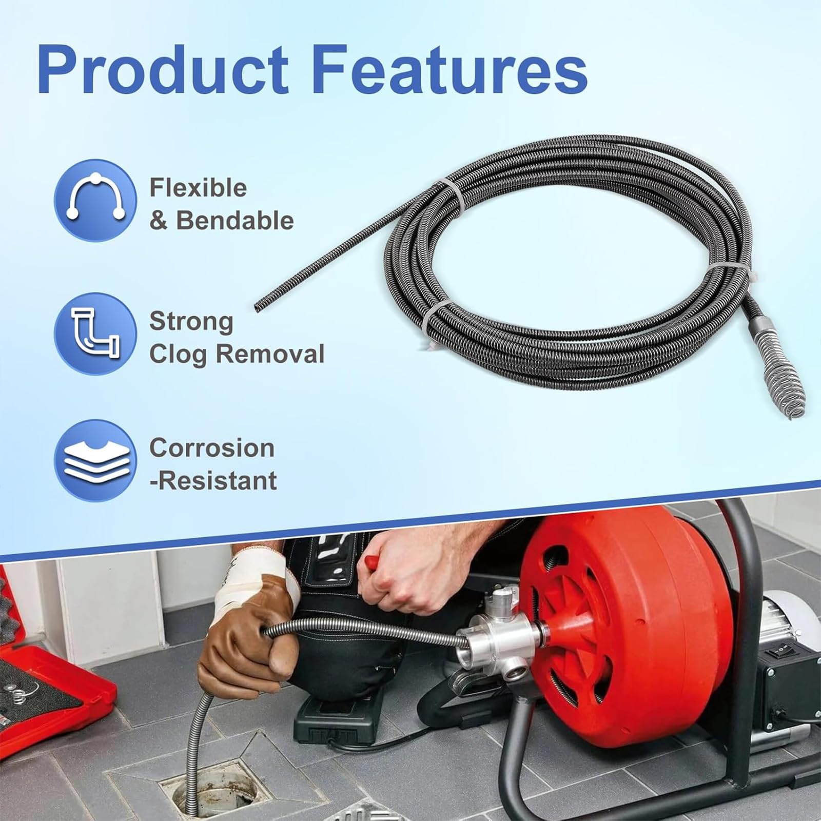 Cable de limpieza de alcantarillado de acero de 25 pies de largo de 5/16 pulgadas para máquinas de mantenimiento de desagües comunes, desatascador de desagües para lavabos