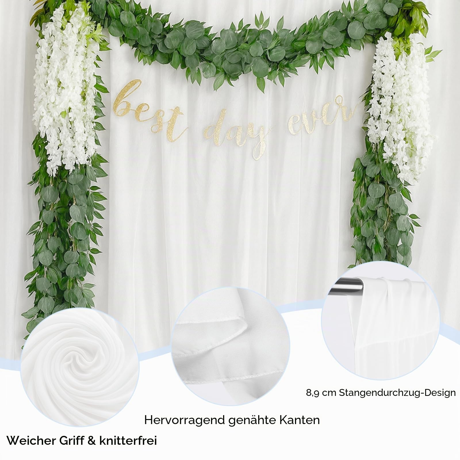 EMART Weißer Hintergrund Vorhänge, 3X3m Tüll Chiffon Stoff Drape für Parteien Hochzeit Bühne Dekoration, Weiche Glatte Tuch für Baby Dusche Fotografie Geburtstag Foto Fotoshooting