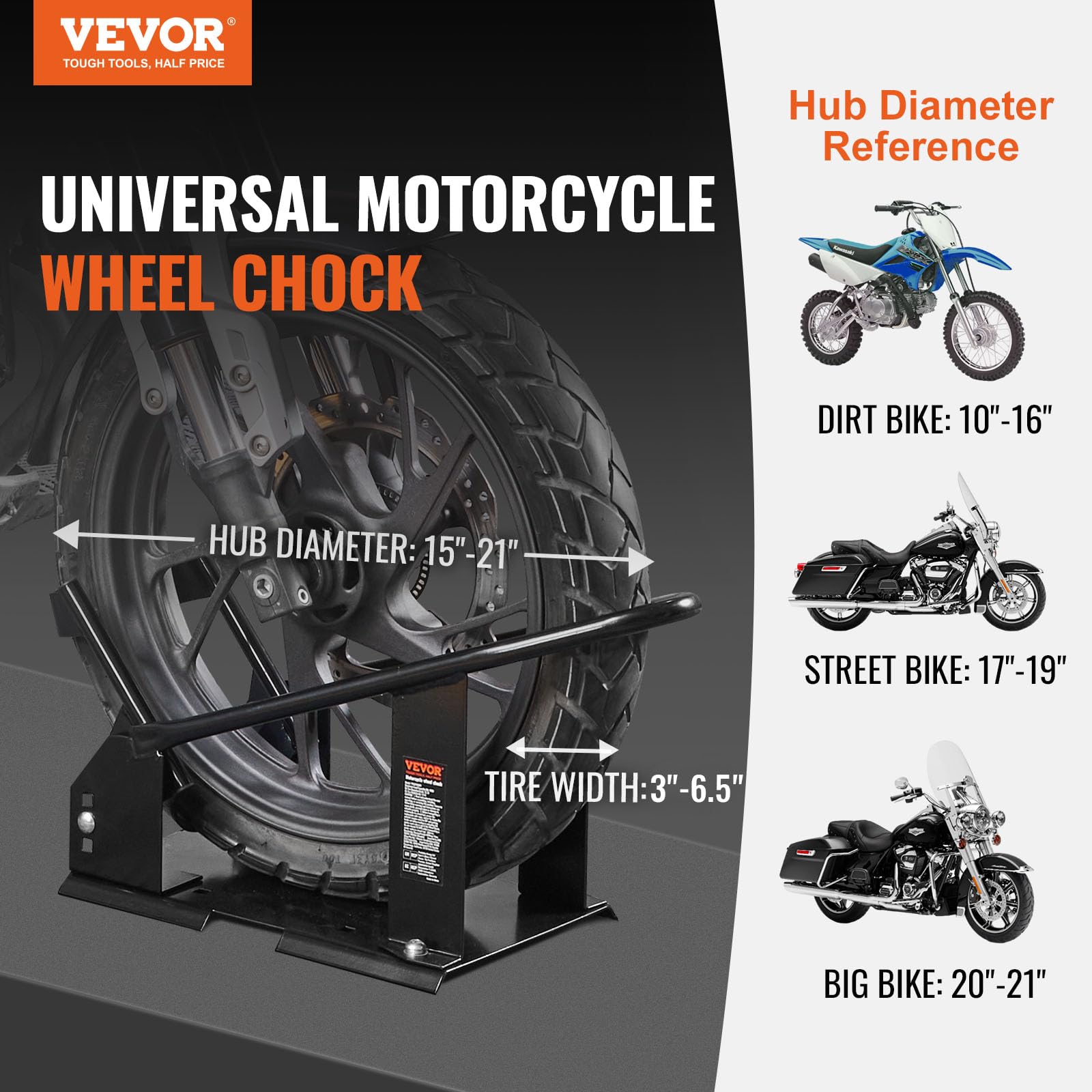 VEVOR Soporte de Rueda de Motocicleta Capacidad de 816,5 kg Calzo de Rueda Diámetro de 381-533,4 mm Ancho de 76,2-165,1 mm Soporte de Transporte de Acero para Remolque Taller Garaje