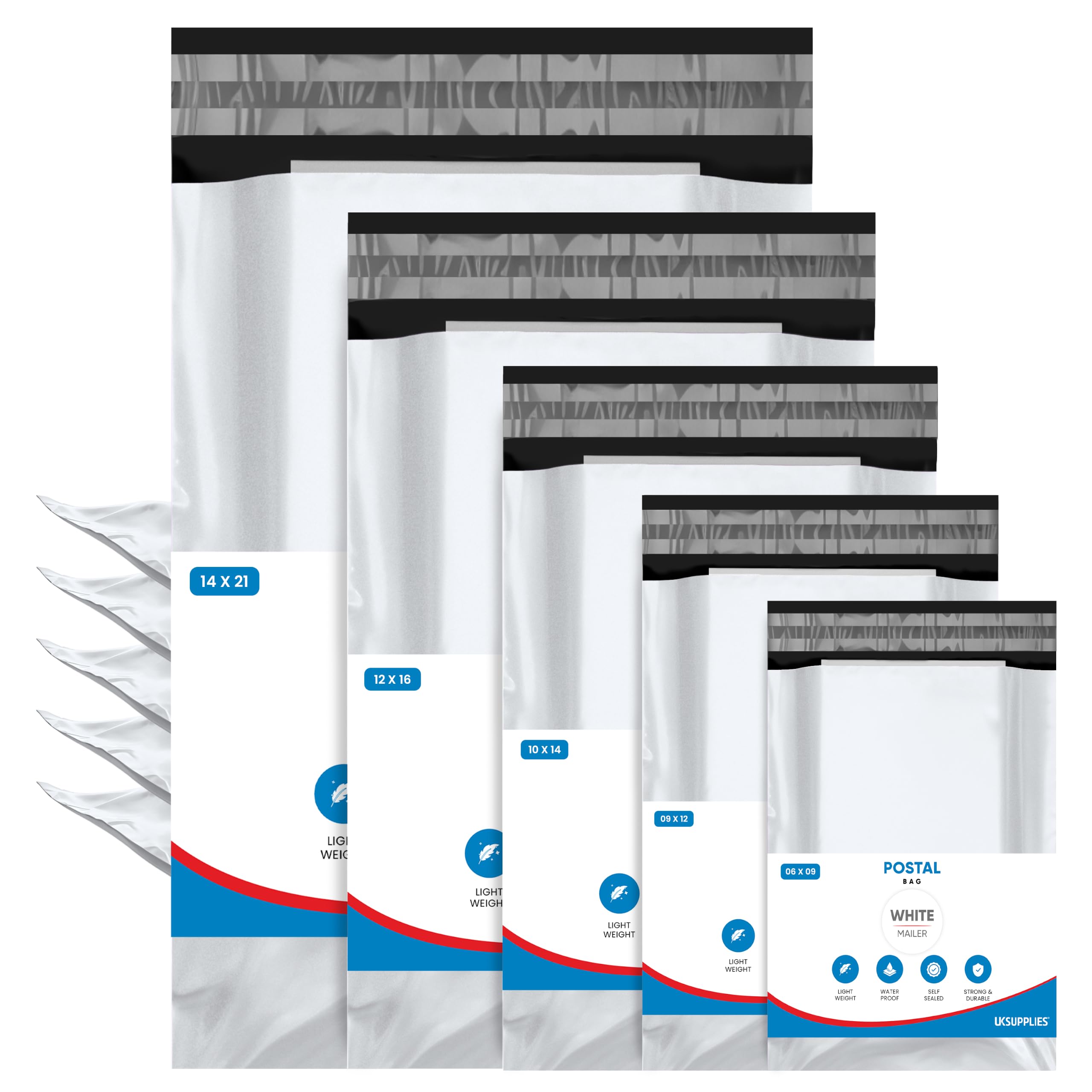 UK SUPPLIES LIMITED 125 Assorted Mix (5 Sizes, 25 Each) White Mailing Poly Parcel Postage Delivery Bags Waterproof & Strong Self-Seal Postage Mailers for Shipping Posting & Packaging