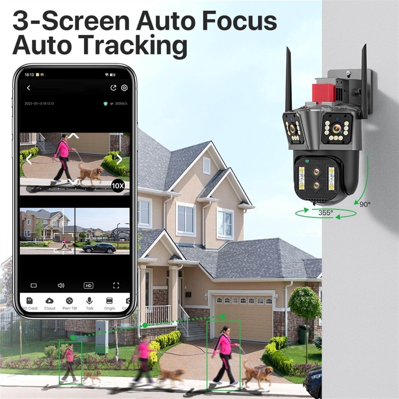 Telecamera IP 6K HD WiFi Telecamera PTZ con zoom 10X esterno Telecamera PTZ a quattro obiettivi Tre doppio schermo 5K 12MP 16MP Video sorveglianza con tracciamento automatico ( Color : 5K Add 128G Car