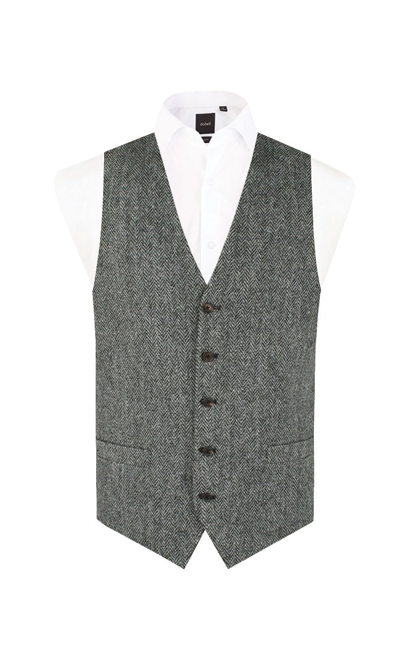 Dobell Harris Tweed Mens Grey Herringbone Waistcoat Regular Fit 100% Wool-L (42-44in)