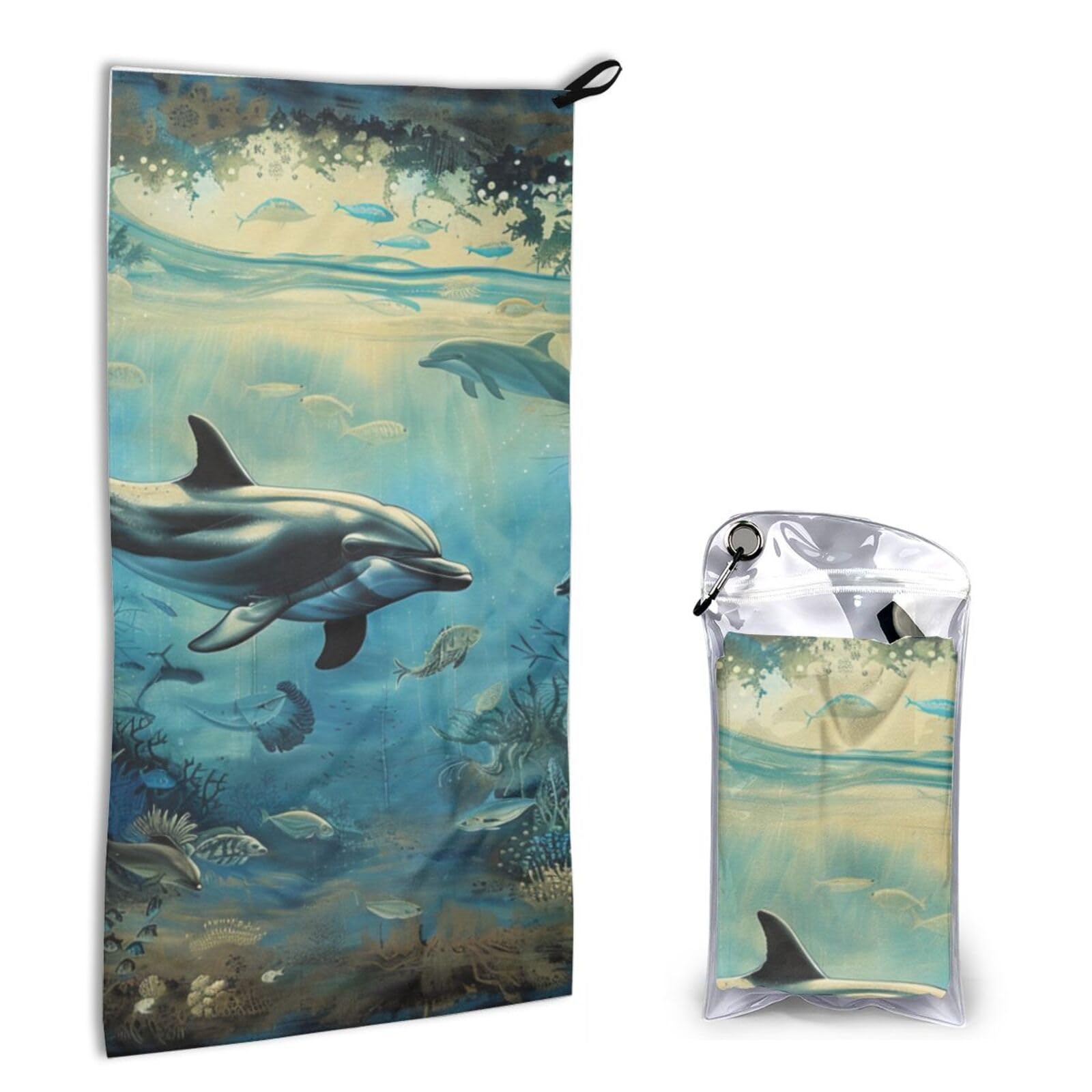 BWWHCCTI Quick Dry Hand Towel With Bag - Sea Dolphin Printed Super Absorbent Face Cloth Microfiber Travel Sports Towels 40x80cm