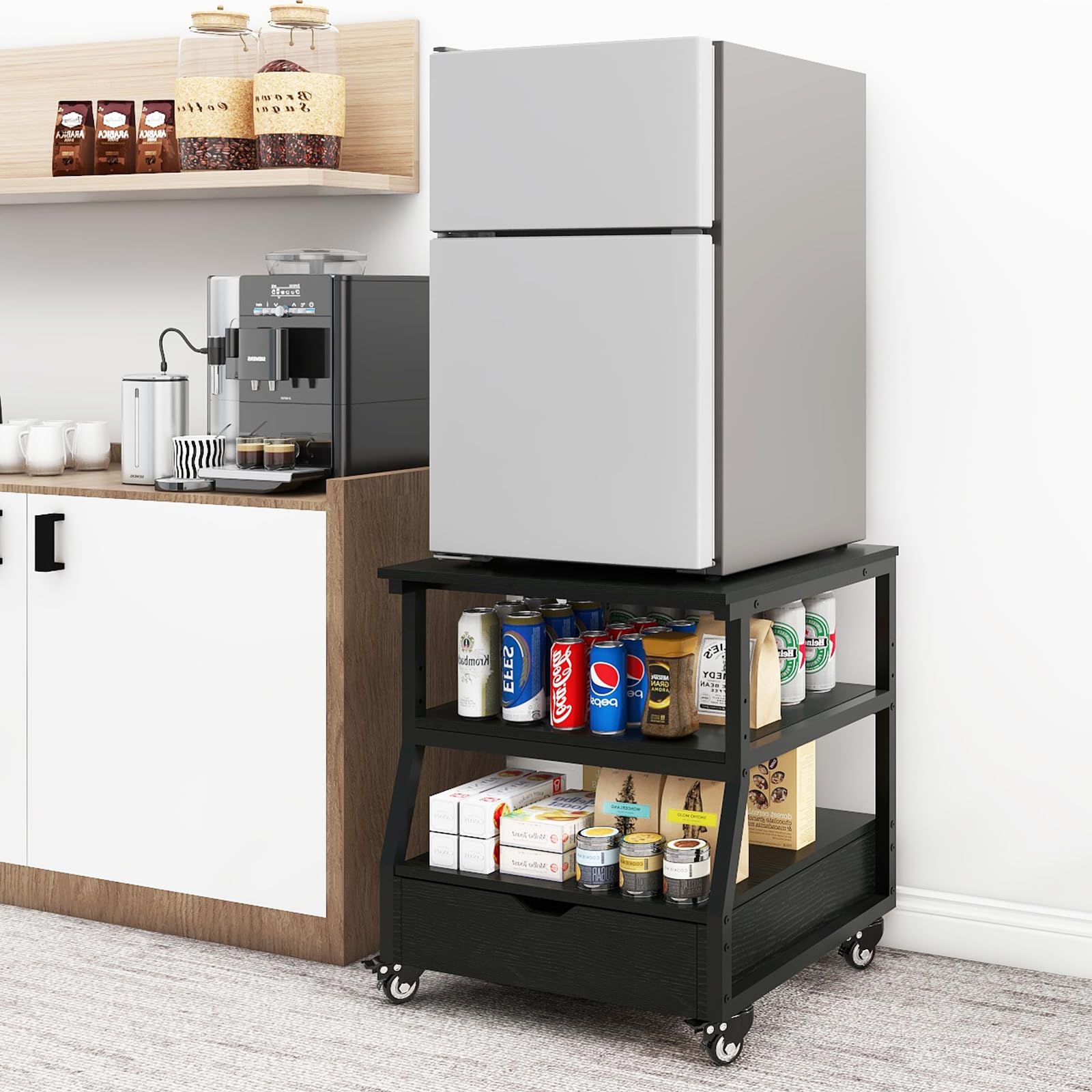 Mini soporte para refrigerador de 23.6 x 21.7 pulgadas con almacenamiento de gran capacidad, carrito de refrigerador resistente con cajones, mesa móvil para refrigerador de bebidas con ruedas, 8