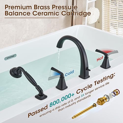 Miniatura 6 de Grifo de bañera romana de alto flujo con ducha de mano, grifo de bañera negro mate de 4 agujeros con válvula, grifos de bañera generalizados