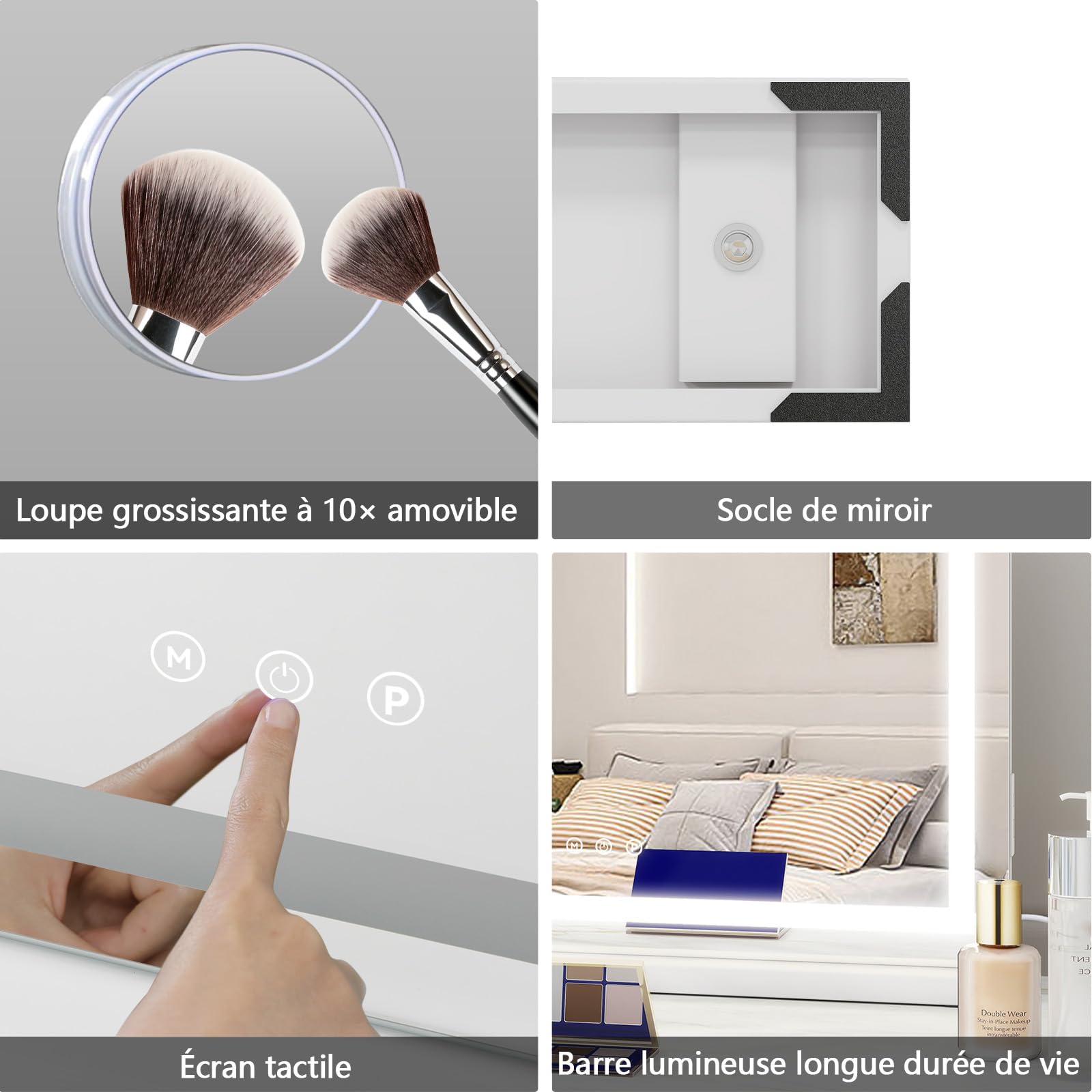 YOURLITE Miroir Maquillage Lumineux 58x45cm, Miroir LED Miroir Hollywood, 3 températures de Couleur, Touche Tactile, Port de Chargement USB, Loupe 10x, Installation Murale/sur Table pour Coiffeuse