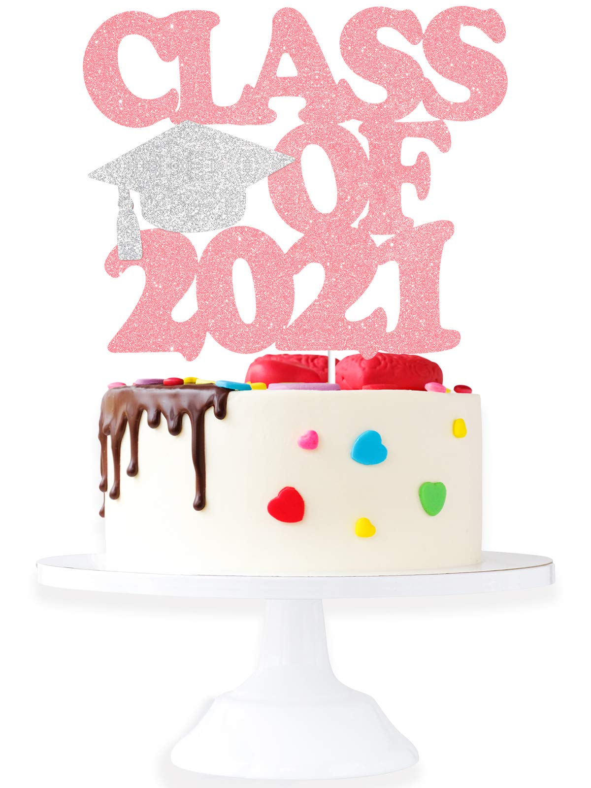 Class Of 2021 Graduation Cake Topper - Senior 2021 Congrats Grad Party Pink Glitter Grad Cap Cake Supplies - Master Ph.D College Graduation Party Decoration