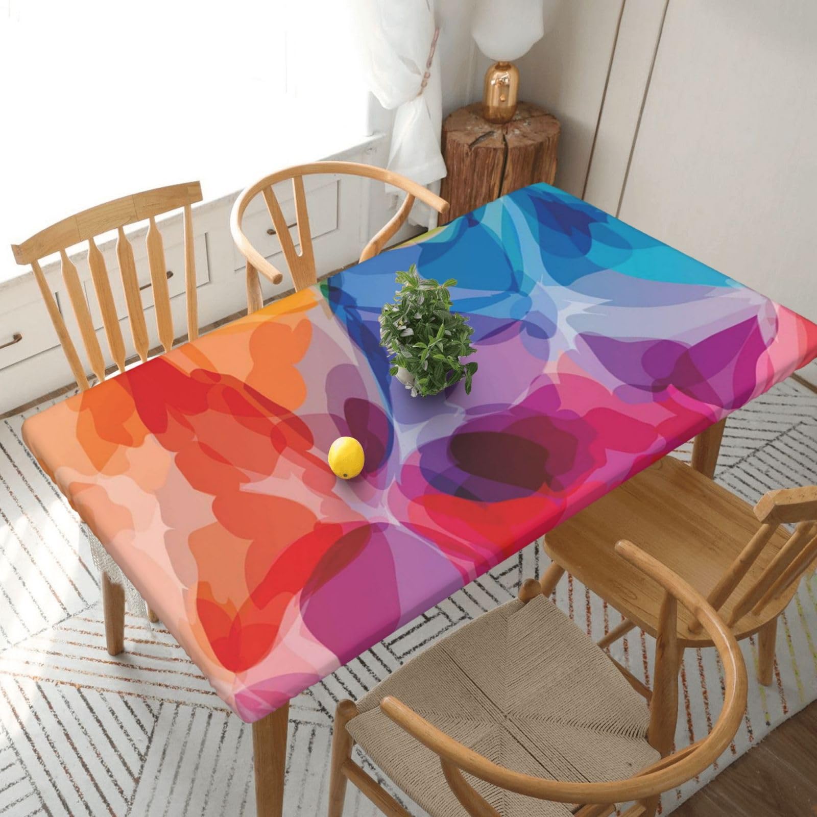 DCEHGEW Elastic Fitted Rectangle Tablecloth for 5ft Tables, Watercolor Style Flower Pattern Printed Oilproof & Washable Fabric Picnic Table Cloth Table Covers