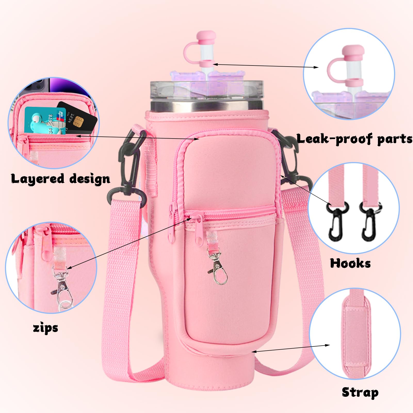 Huahuanghui Borsa porta bottiglie d'acqua per bicchiere,borse a tracolla con porta bottiglia d'acqua,porta borraccia tracolla,con cinghia regolabile con copertura per cannuccia e moschettone (rosa)