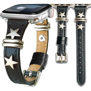 Leather slim Brown Black Star Band Compatible Apple Watch Women 38mm 40mm 41mm 44mm 42mm 46mm 45mm 49mm.Jullstar Starlight Metal Charms Dressy Strap for iphone Watch Series Ultra SE 10 9 8 7 6 5 4 3 2 1 - Amazon product rated Grade A