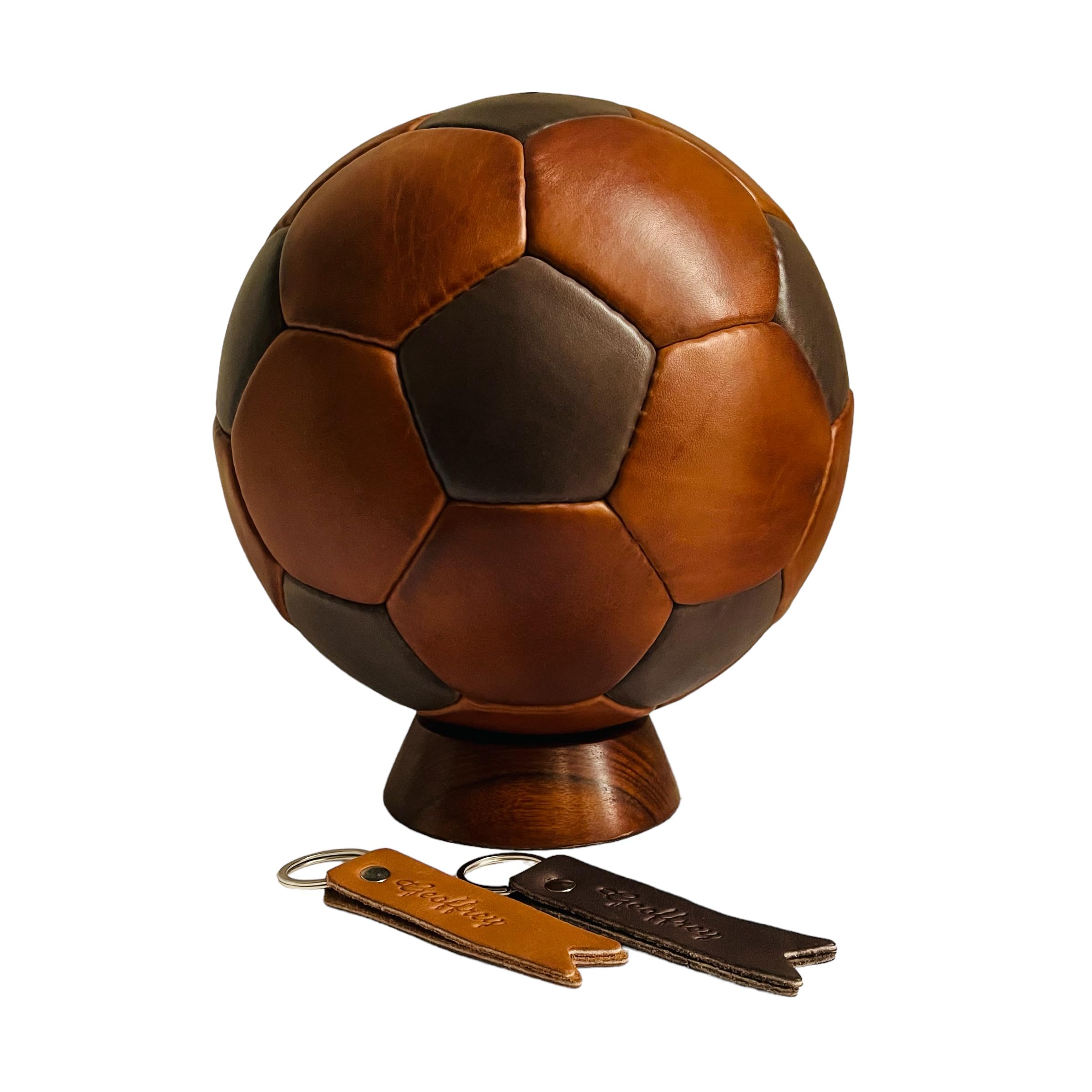 Geoffrey Vintage 32 Panel Soccer Ball 100% Cow Leather with Wooden Base | TAN & Dark Brown | White and Black | Size 5 | Retro Football