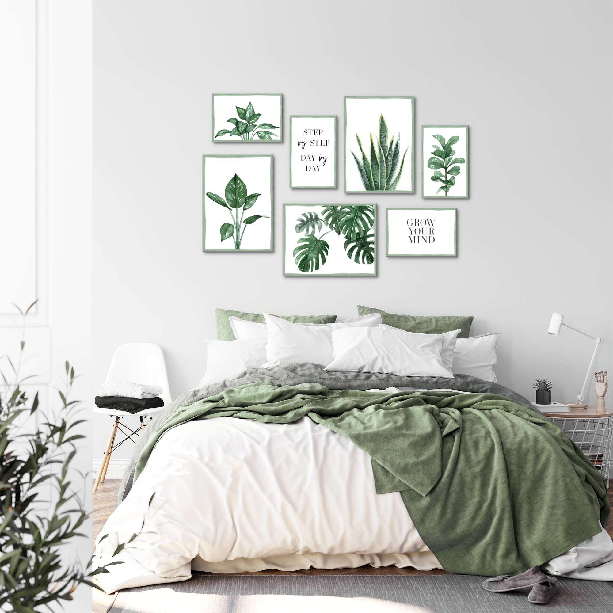 Novart Wandbilder Grüne Blätter - KOMPLETT AUFHÄNGFERTIG - Natur Wohnzimmer Schlafzimmer - 7 Moderne Mood-Bilder - N024071a