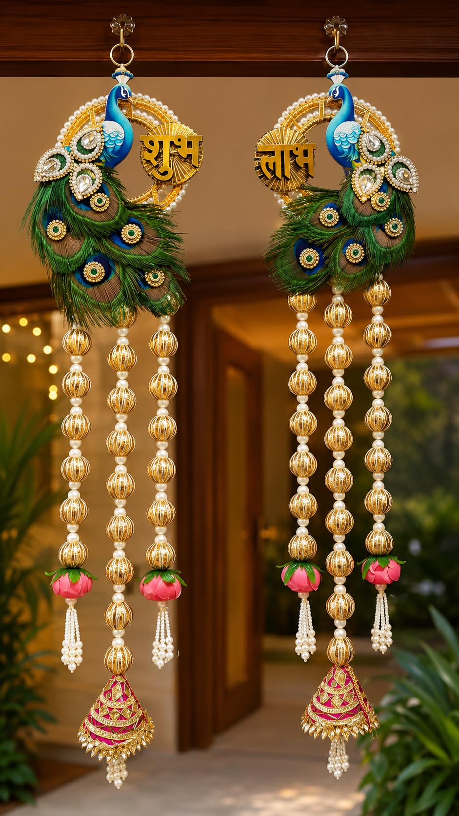 Nutts Handmade Decorative Wall Hanging | Traditional Peacock Feather Shubh Labh Door Hanging Wall Decor for Diwali and Housewarming Decorations Hanging Pack of 2 (SMALL543)-image-49