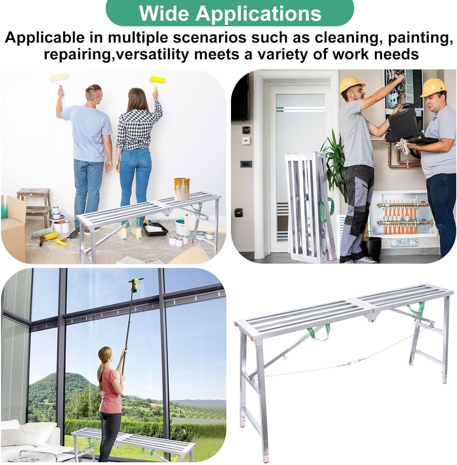 Scaffolding Platforms 3.9 ft, 63 x 12 x 47 inches, 5-Level Adjustable Height, Extra Strong Steel Structure, Slip-Resistant Deck, 880 lb Capacity — Work Bench for Indoor Outdoor Use, Painting, Silver