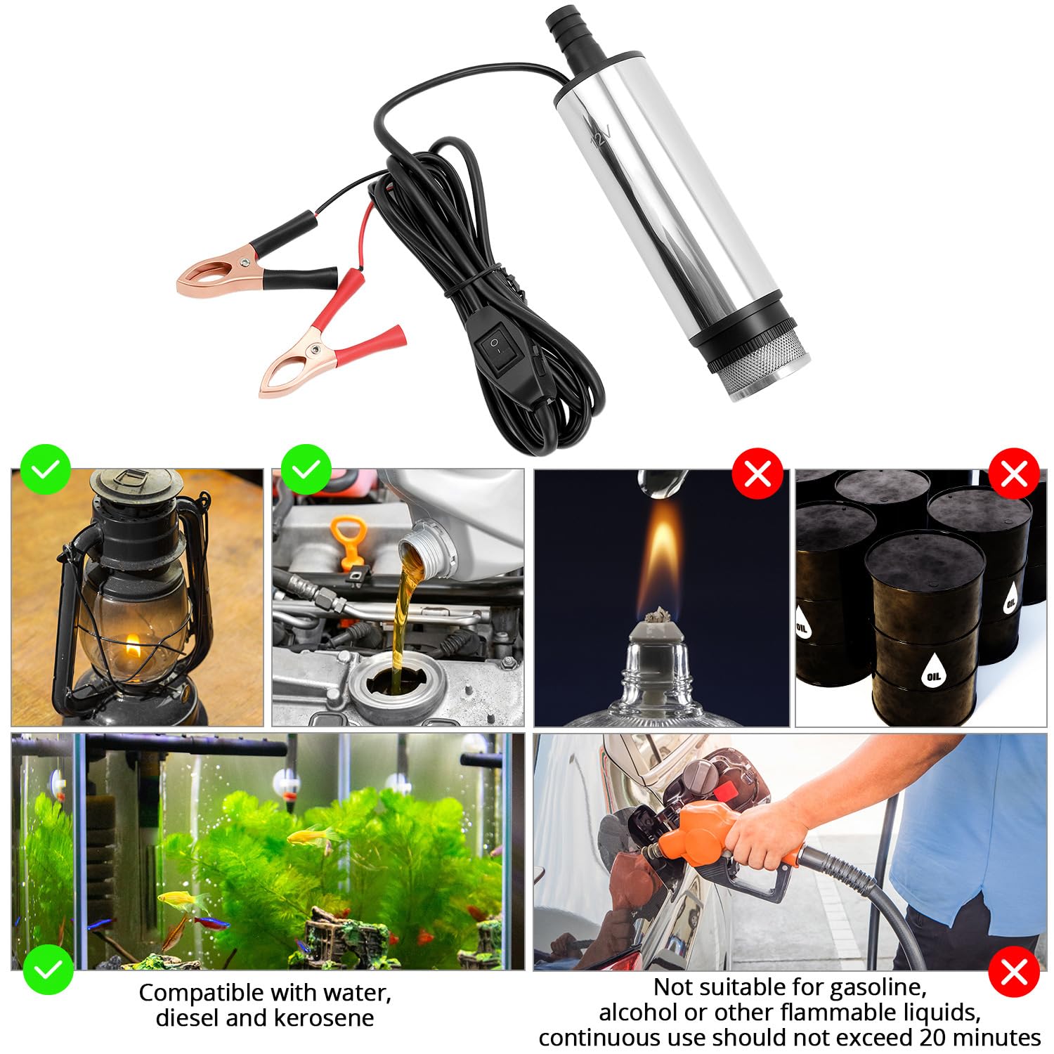 QWORK® 12 V 51 MM, pompa wody z klipsem, stal nierdzewna, przewód zasilający 3 m + wąż 4 m, do oleju napędowego, nafty, wody