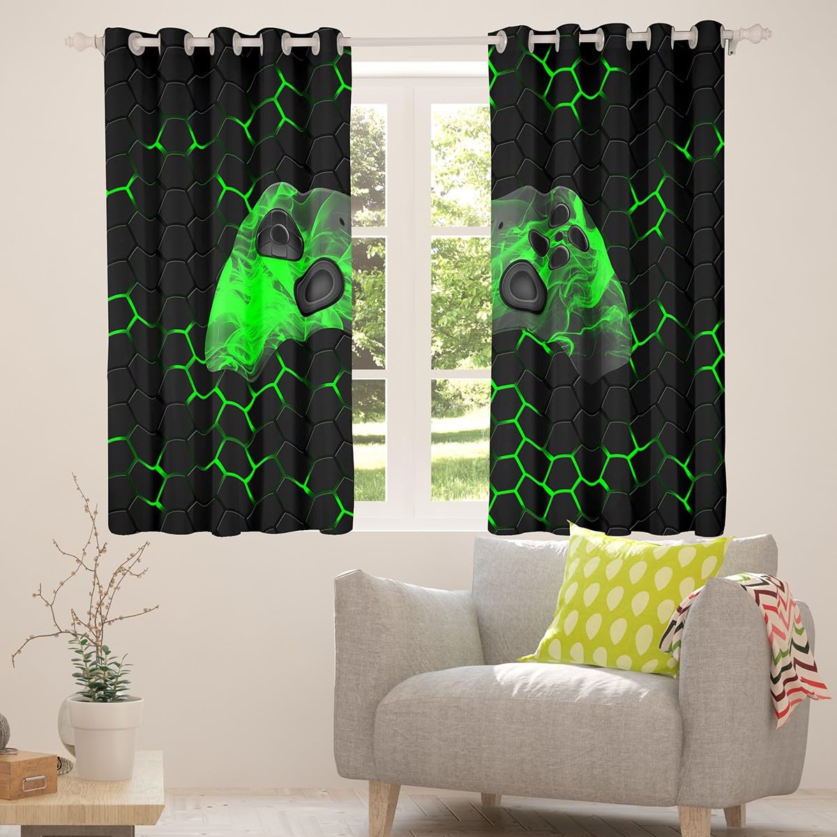 Homewish Gamer Gaming Fenstervorhänge für Jungen Geometrisches Wabenmuster Sechseck Vorhänge Kinder Cool Spielen Vorhang Videospiel Gamepad Ösenvorhänge für Spielzimmer Grün Schwarz 175x140, 2 Paneele