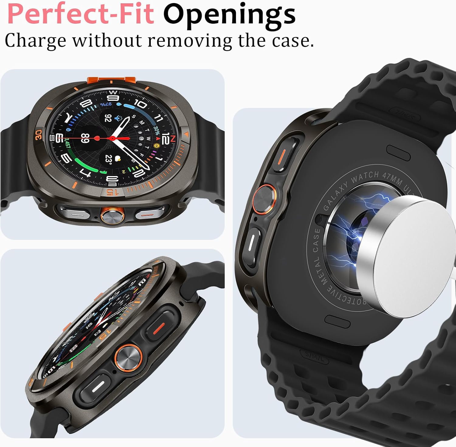 Amizee Metal Case Compatible with Samsung Galaxy Watch Ultra Case (2025/2024) 47mm with Back Cover, Rugged Protective Bumper Cover for Galaxy Watch 7/8 Ultra, Graphite/Orange