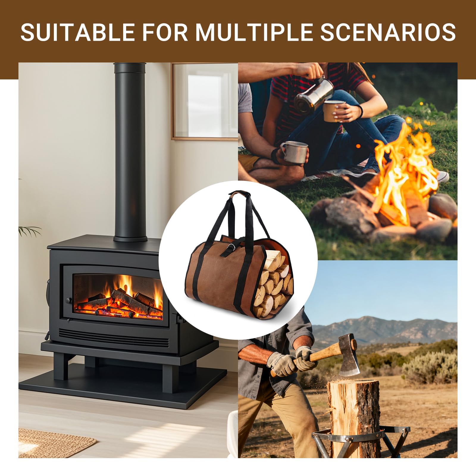 Kamin Brennholz Aufbewahrungstasche, Groß Leinwand Brennholz Log Tragetasche, Kaminholztasche Wasserdicht Outdoor, Lagerfeue, Camping, Reisen, Brown
