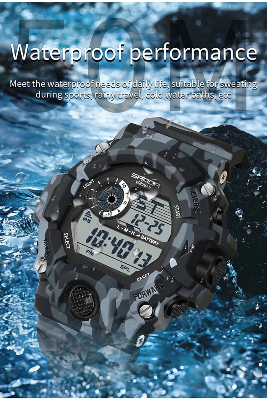 Orologio digitale da uomo a LED, impermeabile, elettronico, sportivo, militare, cinturino in silicone, sveglia, cronometro, camouflage Camouflage Green