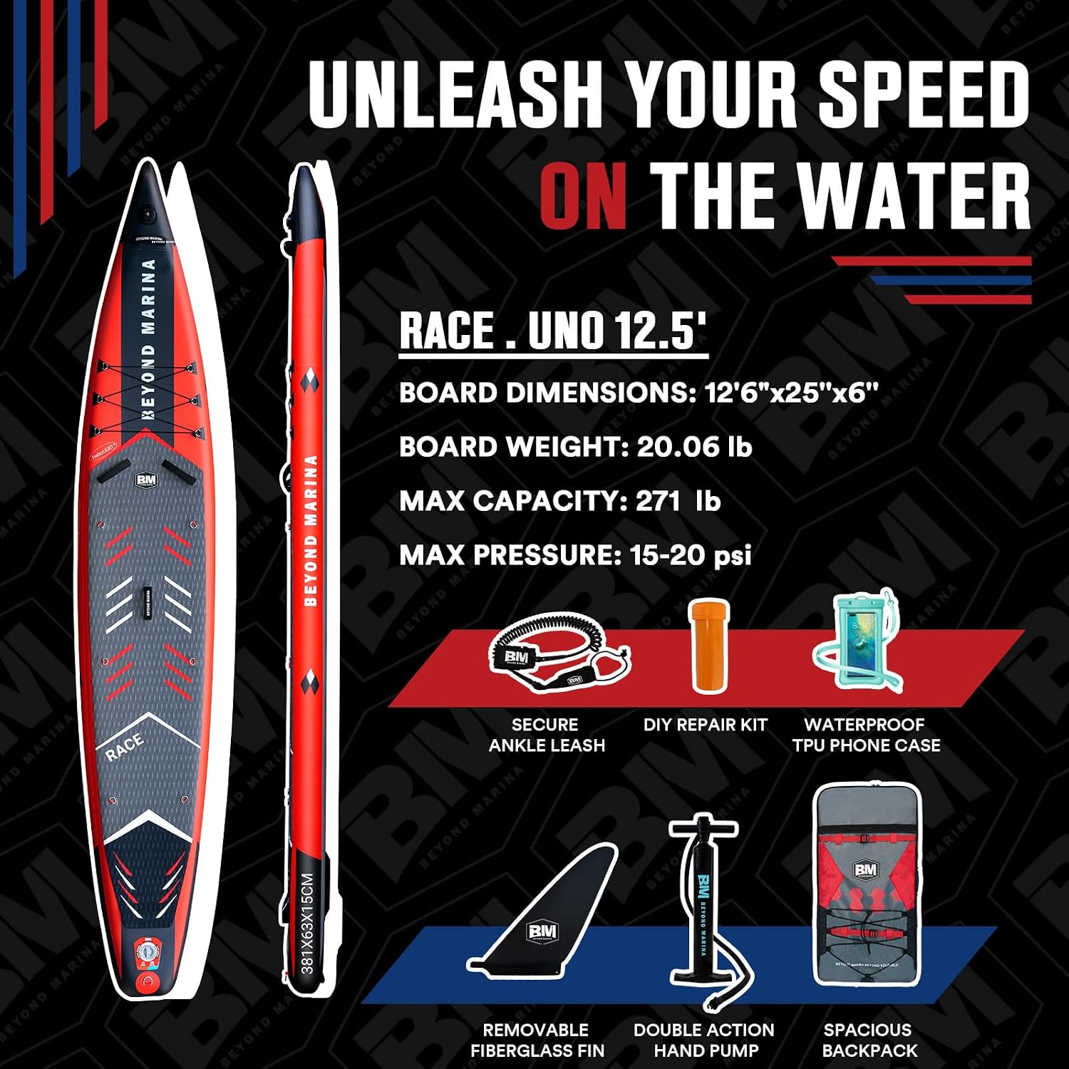 BEYOND MARINA SUP Stand Up Inflatable Paddle Board Racing Board | 12'6"/14' Race | with Action Camera Mount | Complete with All Accessories