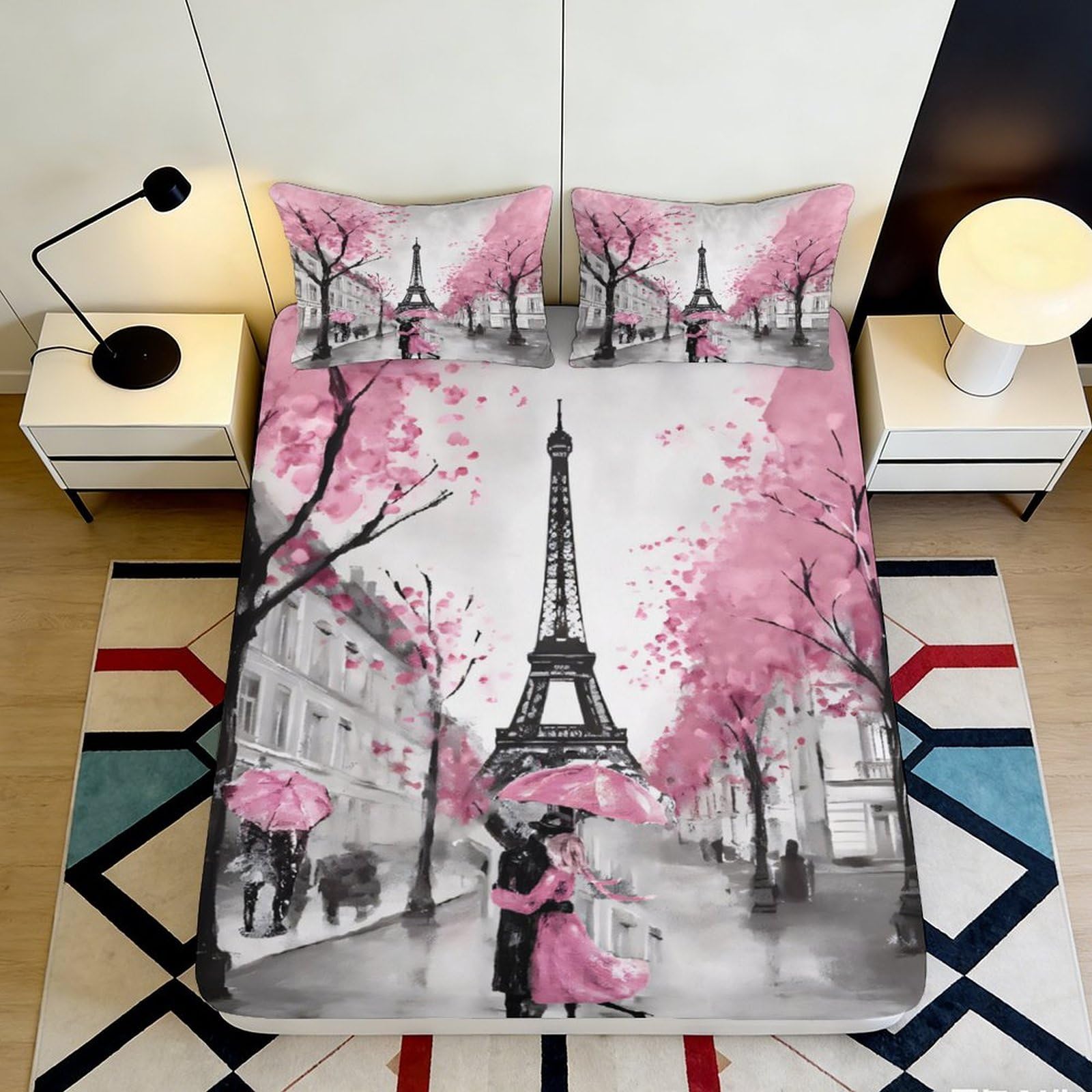 3D Printed Paris Eiffel Tower Fitted Sheet Microfiber Soft Breathable Pink Cherry Blossom Bed Cover for Bedroom Dormitory Guest Room Mattress Protection 120x200x25cm