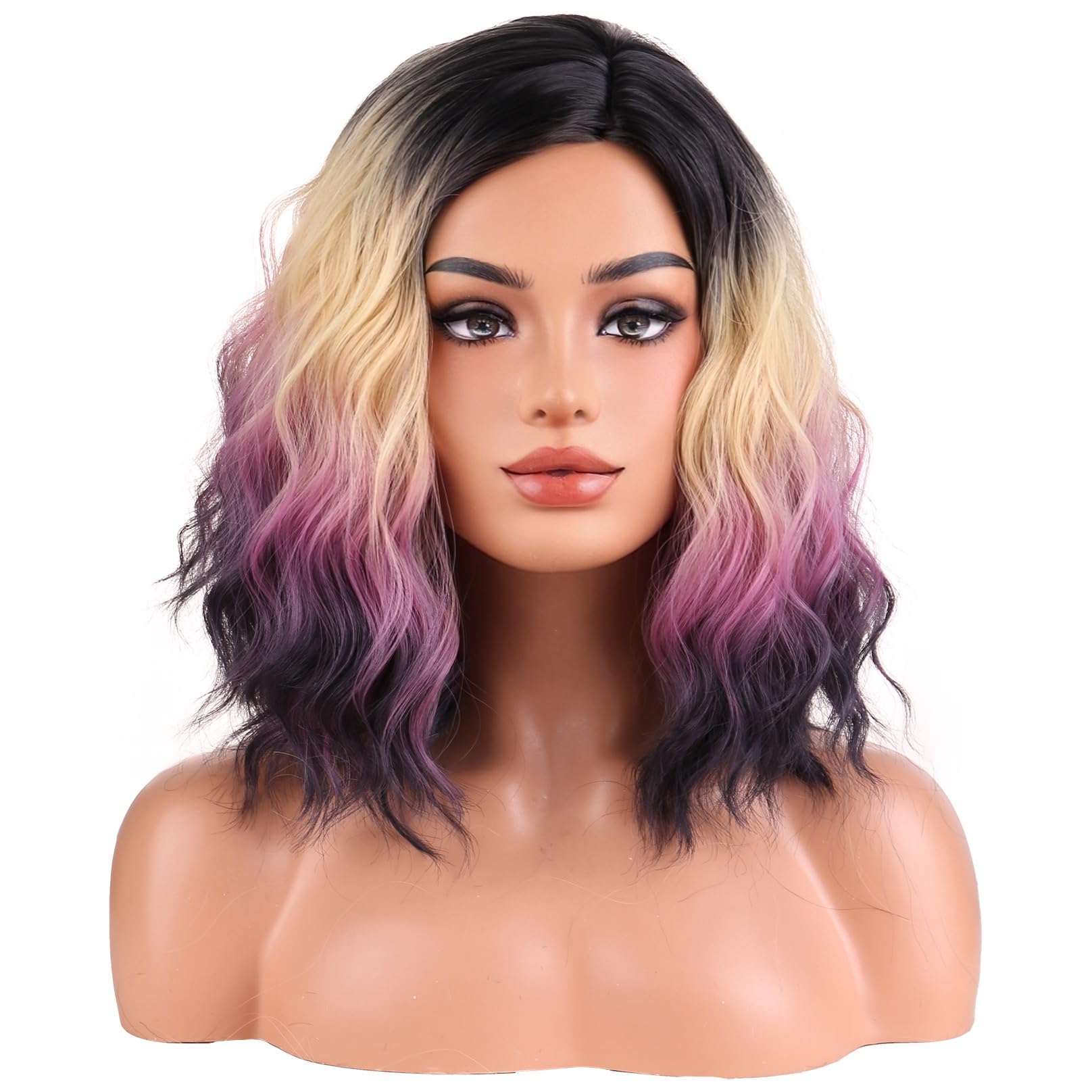 BERON Blonde Purple and Black Wigs Short Curly Wavy Wigs for Girls Colorful Side Part Shoulder Length Heat Resistant Synthetic Wig Cosplay Costume Party Daily