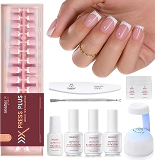 Beetles X Press Plus Short Square French Tip Press On Nails Kit - 150pcs Pink Tips, Glue, Lamp, Top Coat - DIY Salon Nails 30+ Days