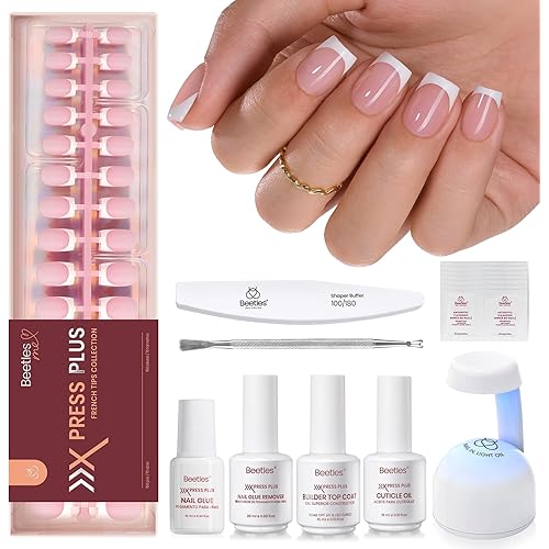 Beetles X Press Plus On Nails Kit-Short Square French Tip Press On Nails Kit with 150Pcs Pink French Nail Tips Nail Glue & Remover Builder Top Coat Nail Lamp,All-in-One DIY Fake Nails Gift for Women