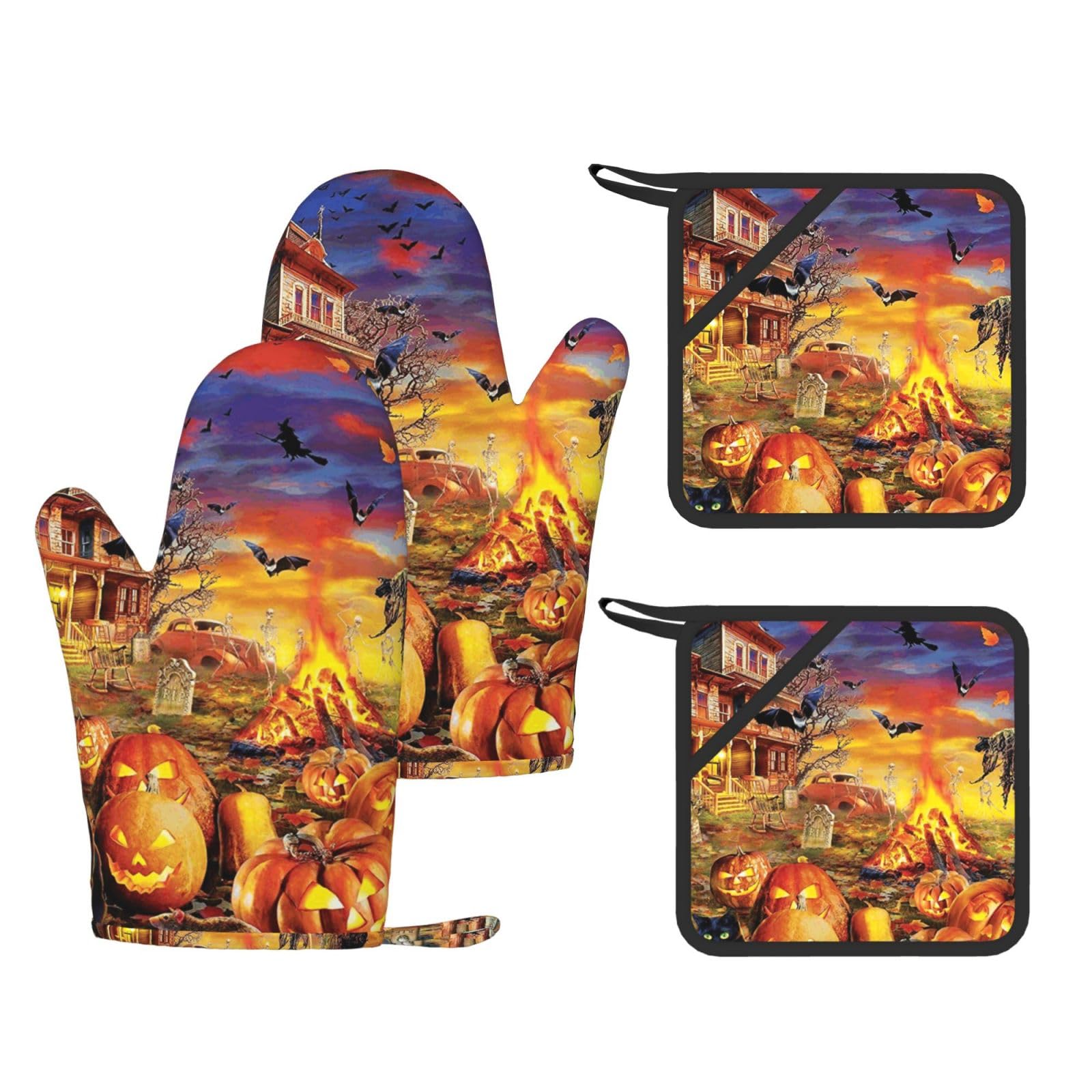 WSHFFILO Halloween Skull printed Heat-resistant gloves and pad Reusable Oven Mitts
