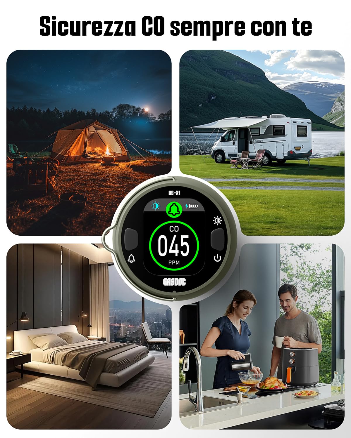 GasDoc DS-X1 Rilevatore Portatile di Monossido di Carbonio con Luce Ambientale, Rilevatore CO con Magnetico e Gancio, Monitor CO da Viaggio con Allarme Sonoro e Visivo per Campeggio, Camper e Auto