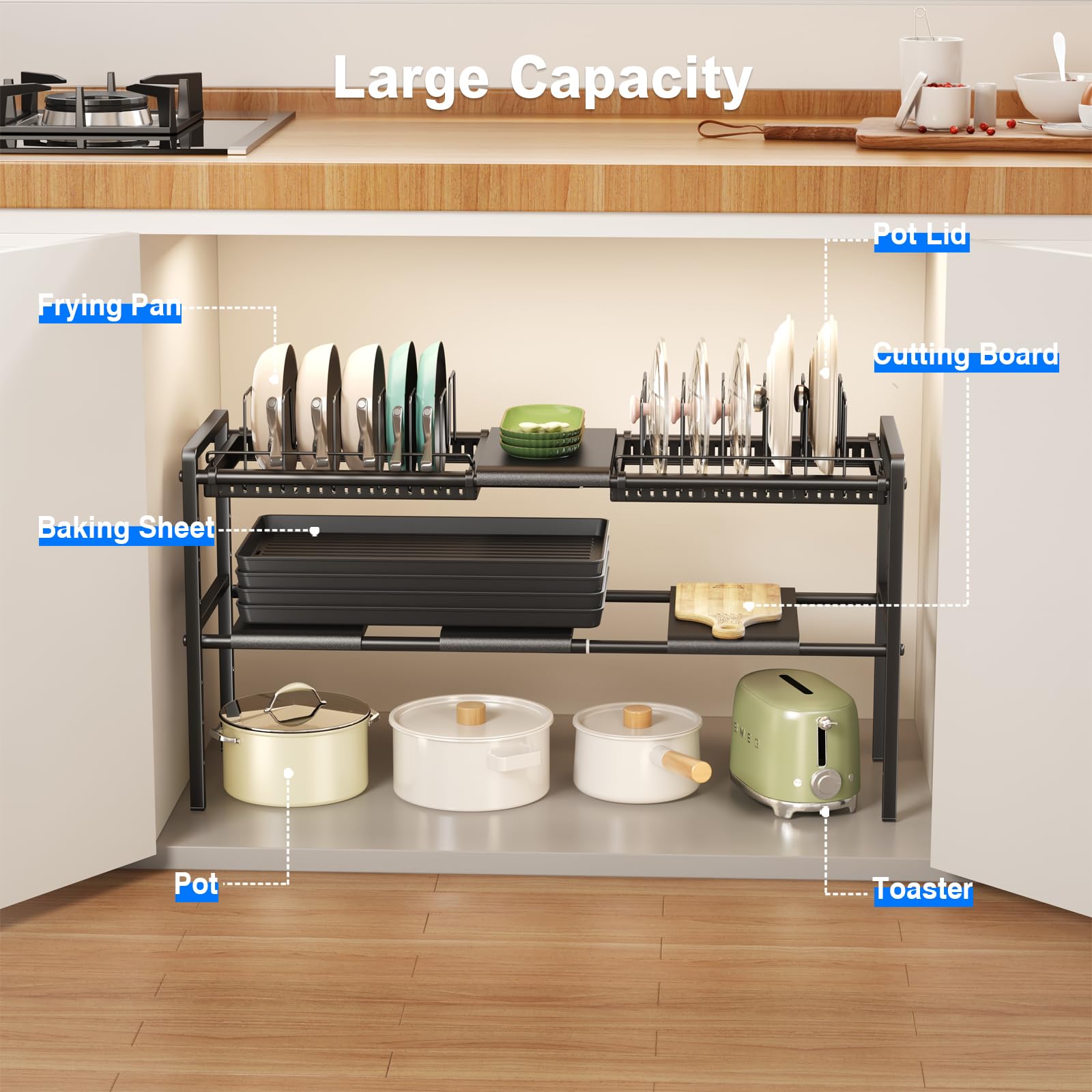 Mustorn Organizador Sartenes Espandibile, 2 Niveles Organizador Sartenes Y Ollas Cajon, Soporte Para Tapas De Ollas Altura Ajustable, Soporte Sartenes Con 12 Separadores(Negro)