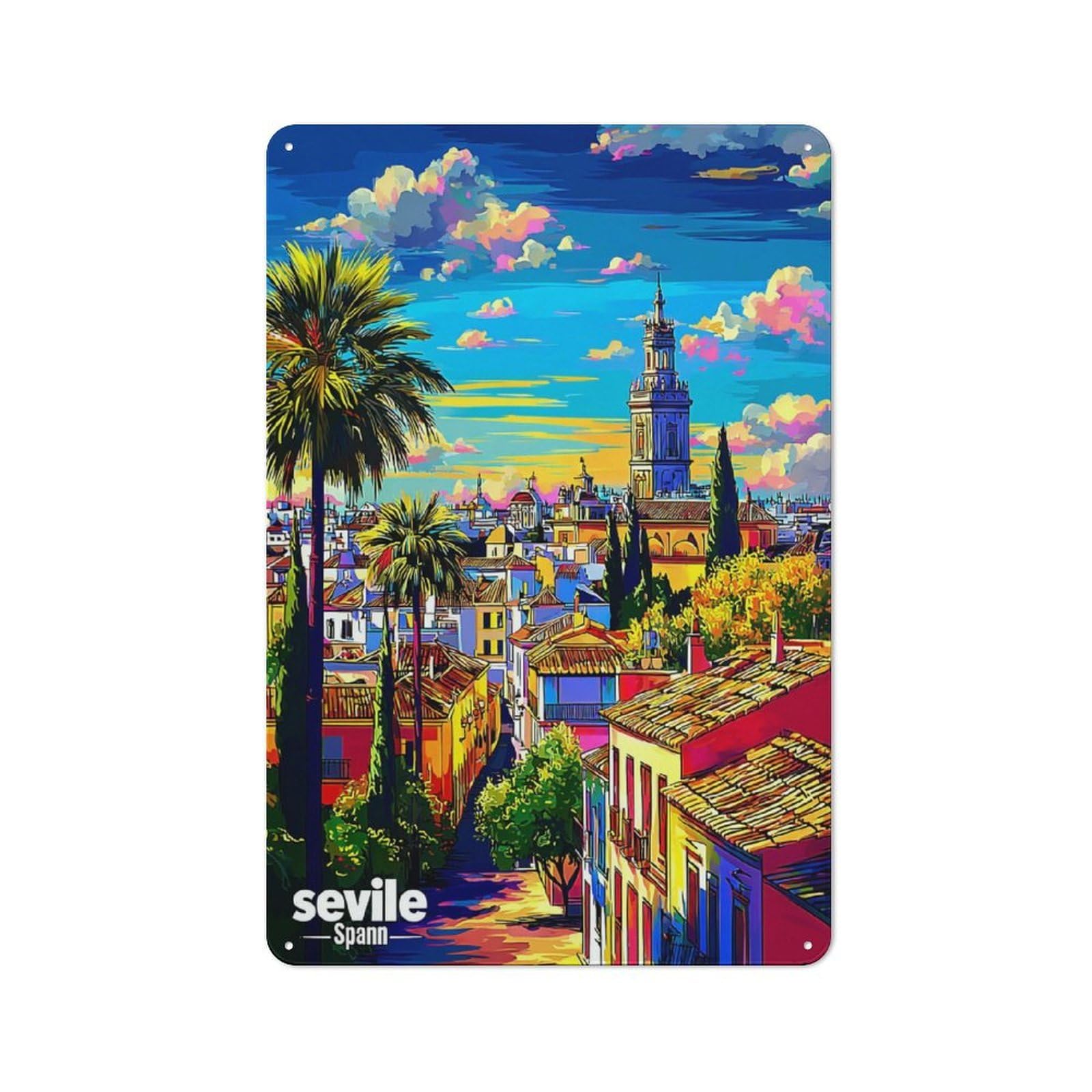 Junmoney Colorful Seville Skyline With Palm Trees Rustic Tin Wall Sign 30X20cm Featuring Bistro Wall Plaque For Restaurant, Kitchen, Counter Or Breakfast Nook