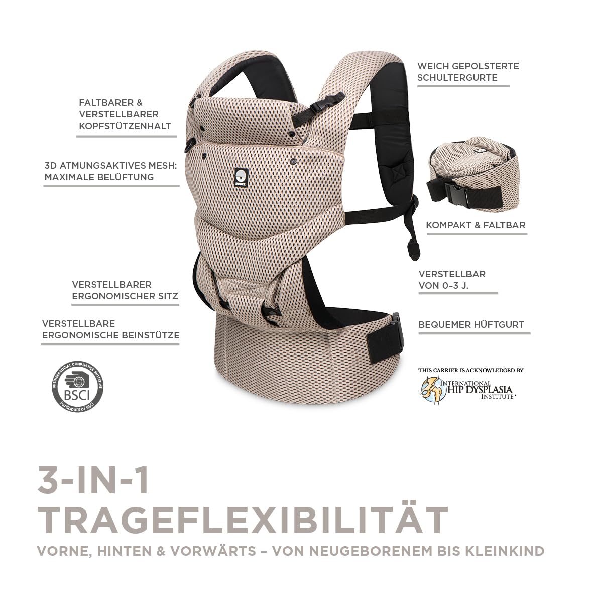 Dooky Carrier Urban Comfort, Babytrage Neugeborene ab Geburt, Ergonomische Babytrage 0-3 Jahre, 3.5-15 kg, M-Position, 3 Tragepositionen, Verstellbar, Atmungsaktiv, Baby Carrier, Beige Desert