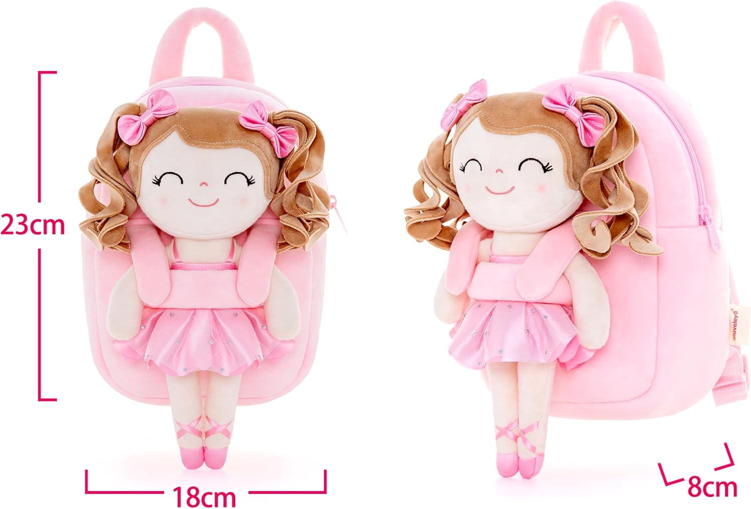 Gloveleya Toddler Girls Backpack for Kids with Soft Toys Plush Curly Ballerina Doll Pink 9 Inches - Image 2