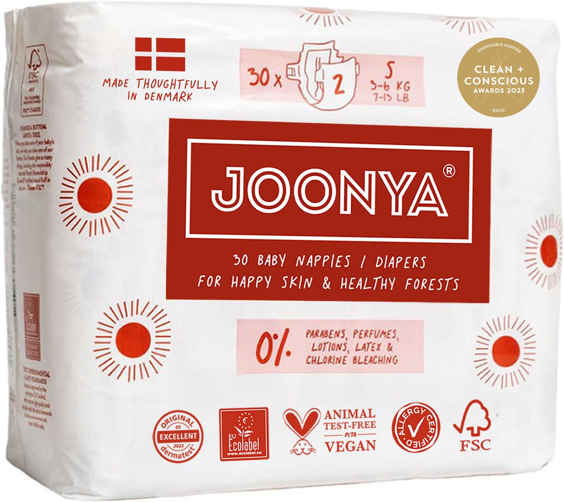 Baby Diapers, Size 2 S (7-13 lb) - 1 Bag of 30 - Non Toxic, Eco-Friendly, High Absorbency, Overnight Use, Ultra Slim & Soft - Made in Denmark