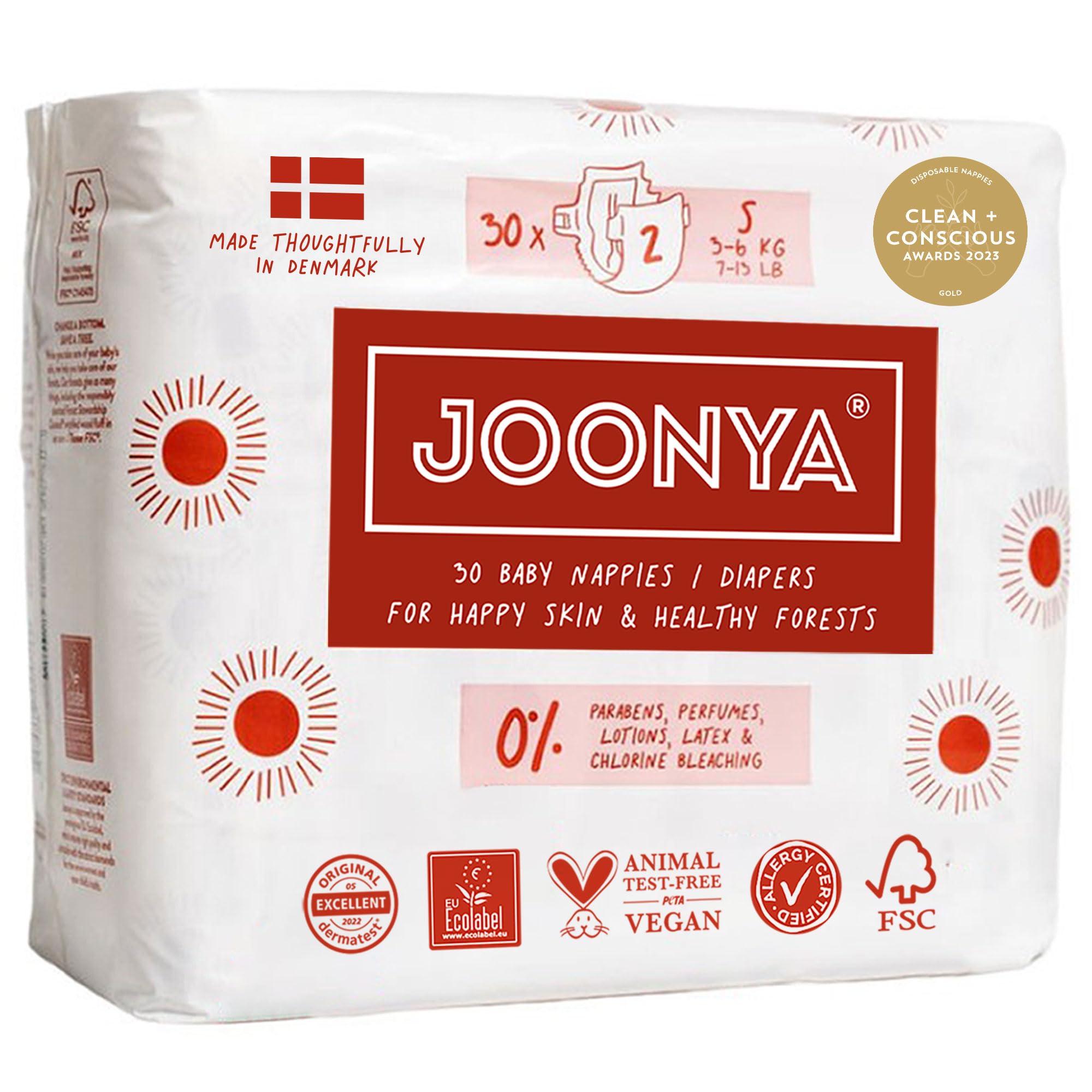 Joonya Baby Diapers, Size 2 S (7-13 lb) - 1 Bag of 30 - **New Range** - NonToxic, Eco-Friendly, Ultra Slim, Overnight Use - Made in Denmark