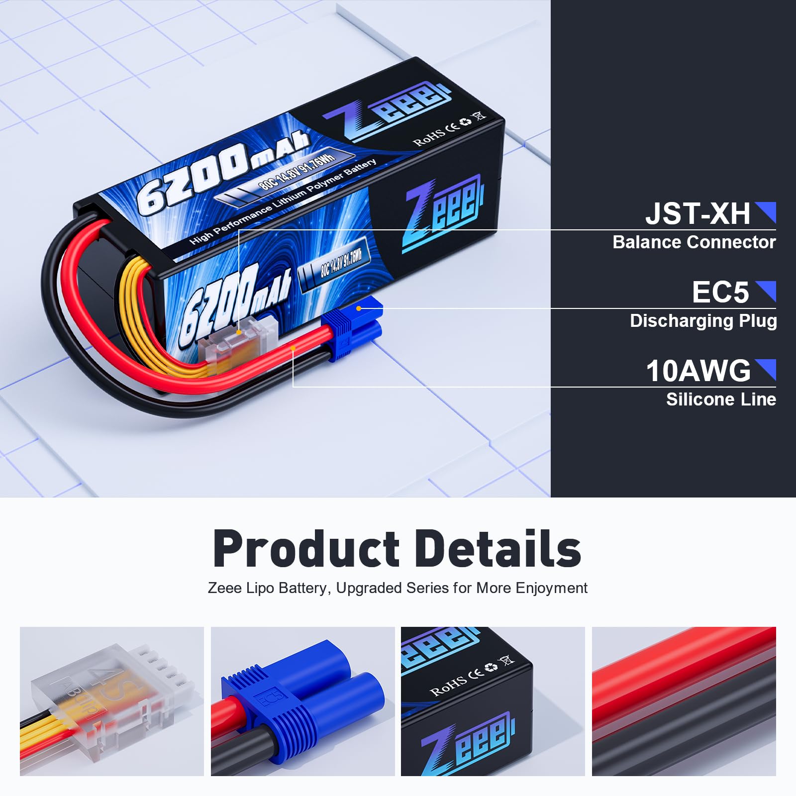 Zeee 4S Lipo Batteria 14,8V 80C 6200mAh Batteria RC Hardcase con Connectore EC5 Spina per RC Evader BX RC Veicolo Auto LKW Truggy RC Nave RC Modells RC Hobby (2 pezzi)