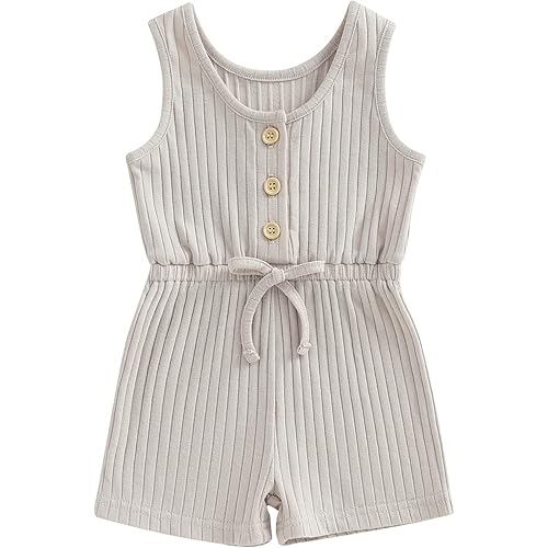 Toddler Baby Girl Summer Outfit Short Sleeve Ribbed Romper Solid Jumpsuit Overall Shorts Cute Infant Newborn Clothes