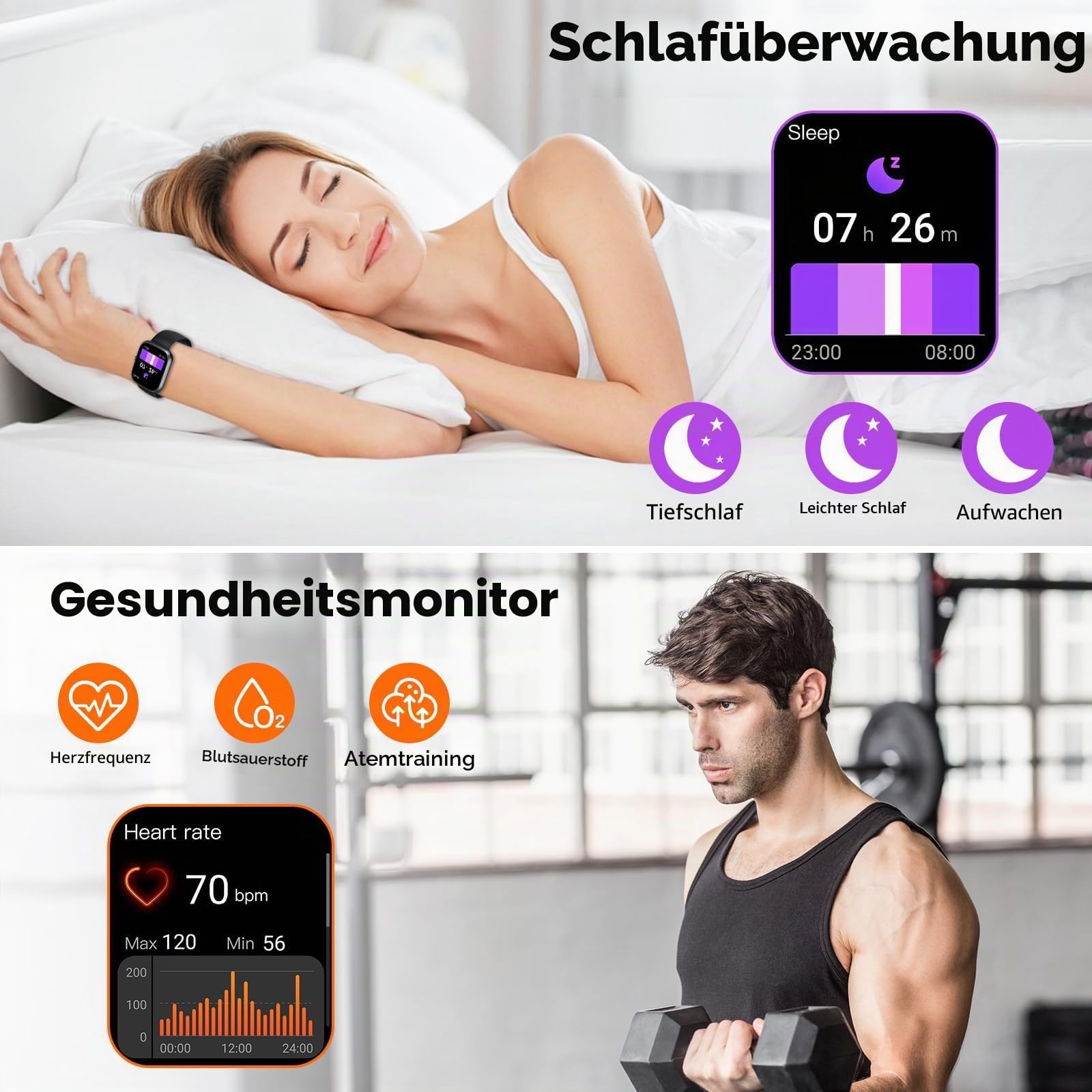 Smartwatch Herren Damen, 1,91" HD Touch Smart Watch mit Telefonfunktion, 115+Sportmodi Sportuhr, IP68 Fitness Tracker mit Herzfrequenz SpO2 Schlafmonitor Schrittzähler für Android iOS