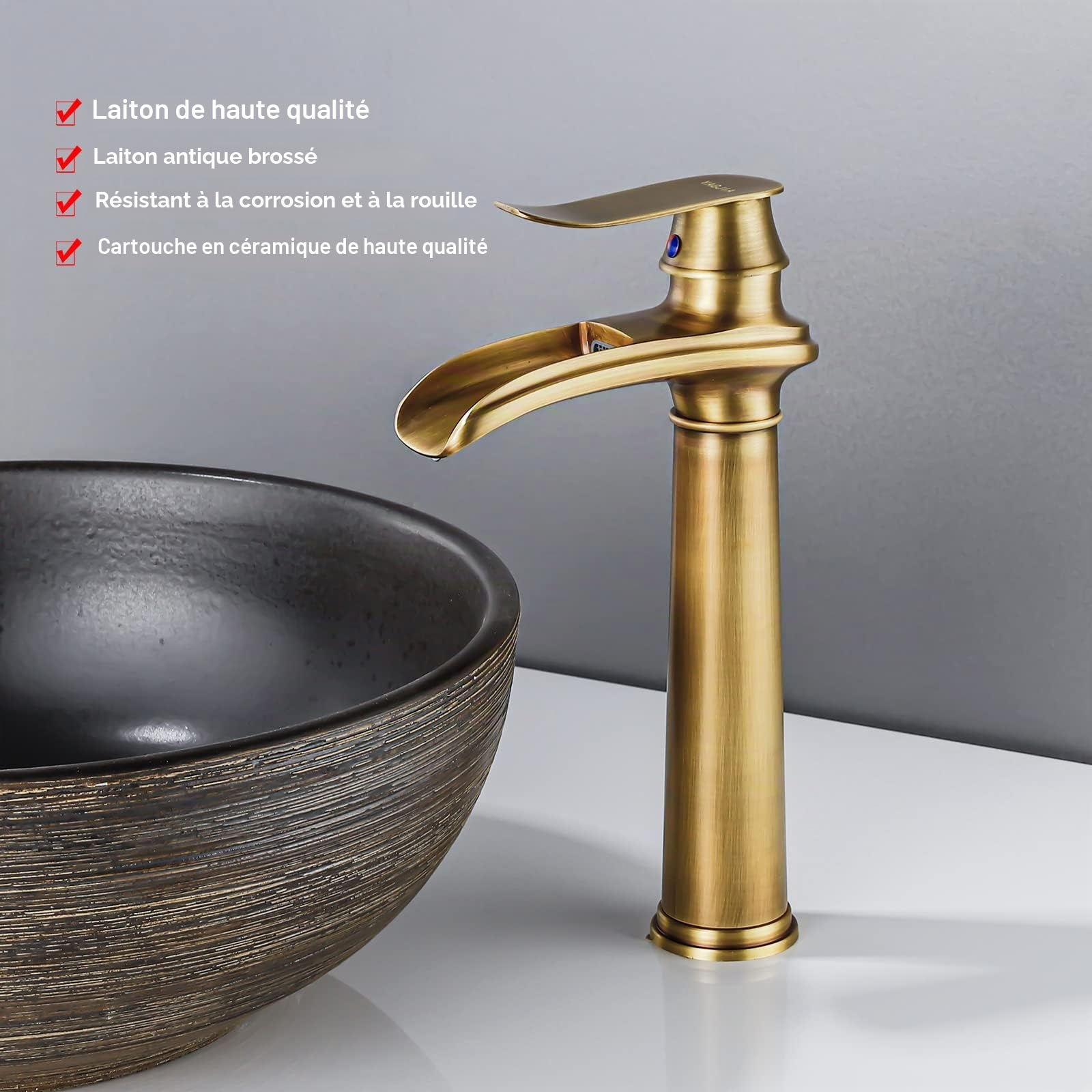 Robinet de salle de bain haut antique, robinet de lavabo cascade rétro, robinets de lavabo en laiton, robinet de salle de bain à levier unique, bec haut pour salle de bain