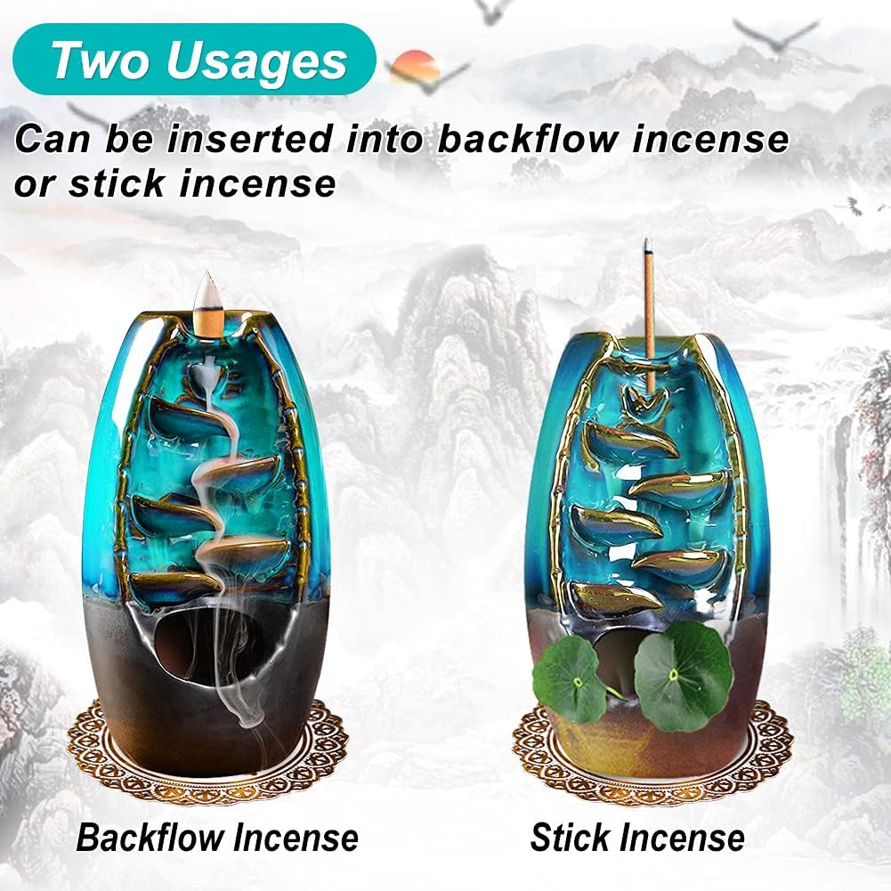 Ceramic Incense Burner, Waterfall Incense Holder for Aromatherapy Ornament & Home Decor, with 150 PCS Natural Incense and Cushion