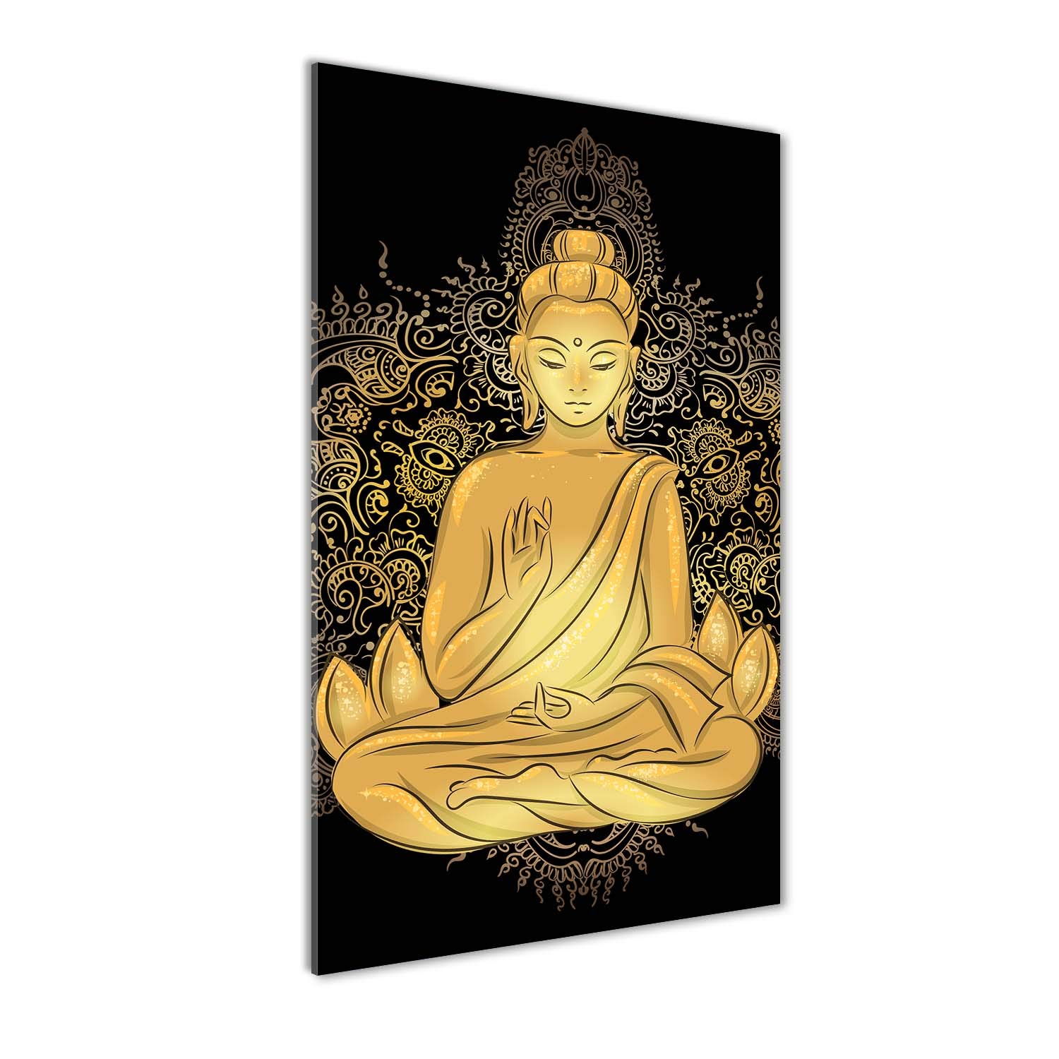 Peinture sur verre trempé 70x140cm Bouddha Mandala jaune pour salon