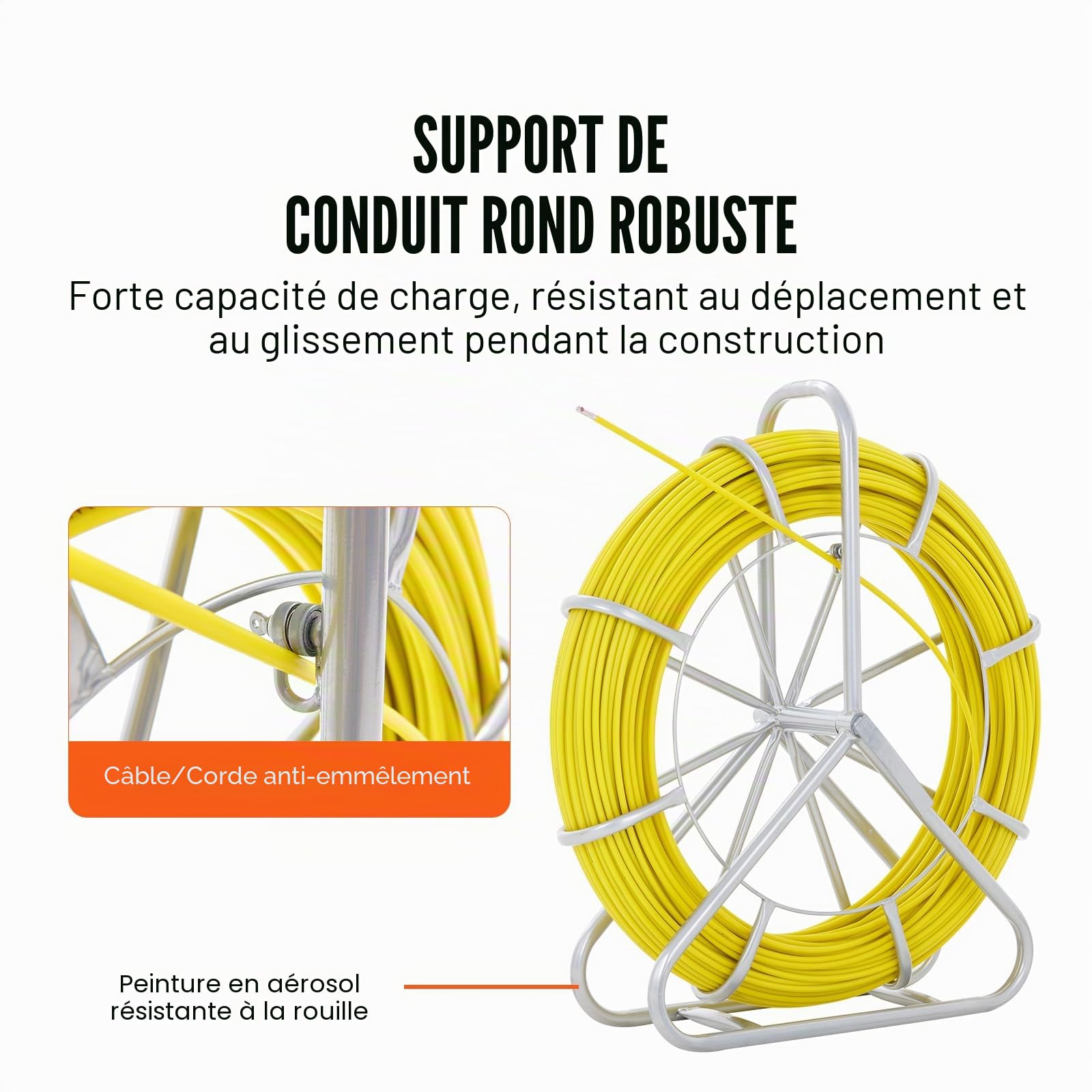 VEVOR Ruban à Poisson en Fibre de Verre 150 m 7,9 mm Aiguille Électricien de Tirage Fil Câble Électrique Extracteur Bobine de Conduit Support Acier 2 Têtes de Tirage pour Mur Conduit Non Conducteur
