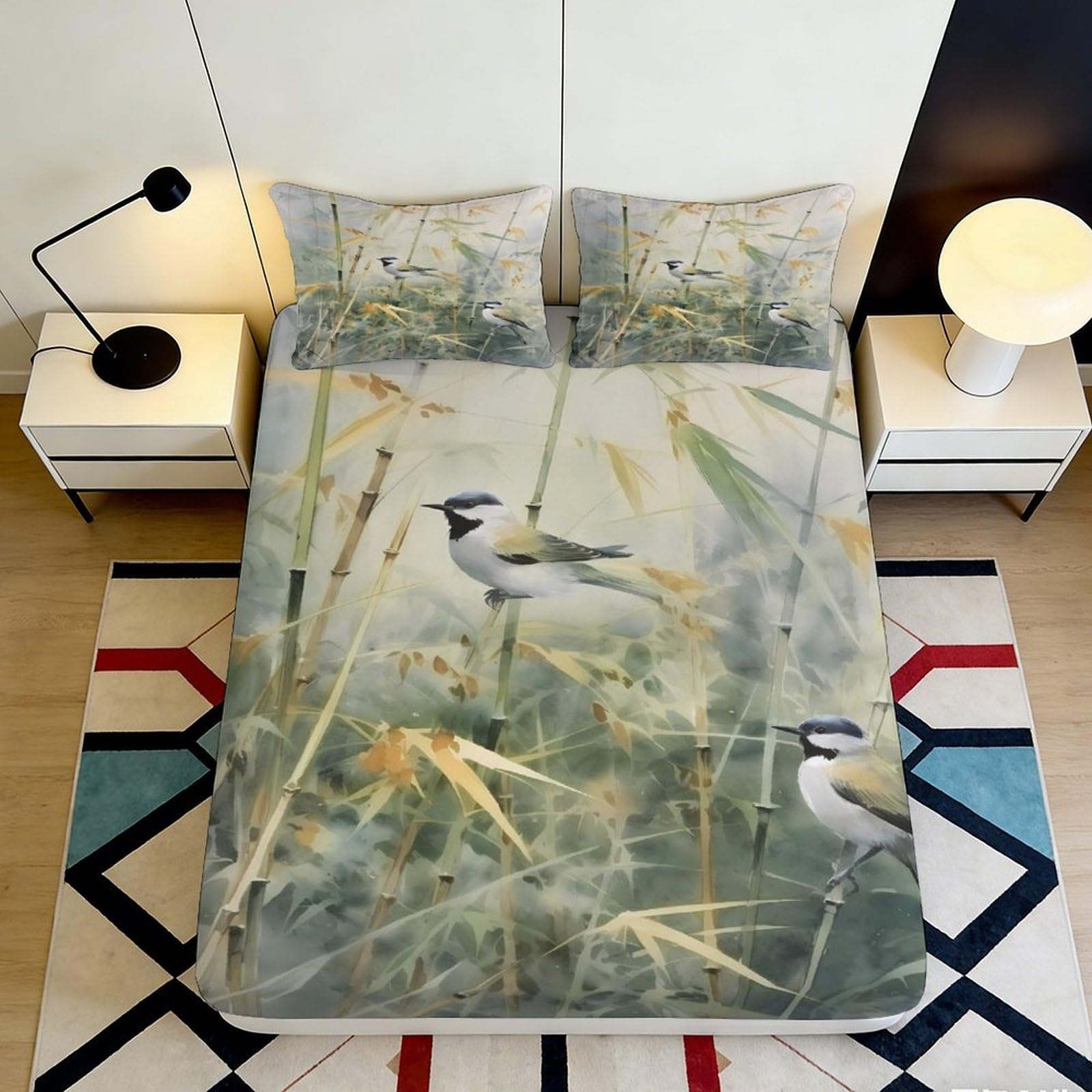 3D Printed Pastoral Bird Fitted Sheet Microfiber Deep Pocket Non-Slip Elastic Hem Bedroom Mattress Fitted Cover 140x200x25cm