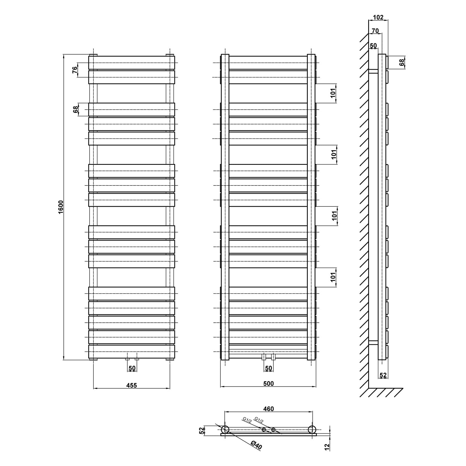 AICA Badheizkörper Heizkörper Handtuchheizkörper Handtuchhalter bad flach 1600x500mm Weiß Mittelanschluss Paneelheizkörper Handtuchwärmer Horizontal Badheizung