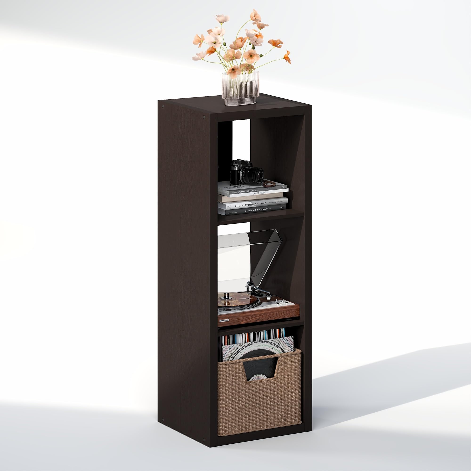 Furinno CUBICLE Mobile per Giradischi con Raccoglitore per Vinili, 3-Cube 1.2 Extra Spesso Raccoglitore per Dischi in Vinile, Scaffale Multimediale per CD DVD Dischi, Rovere Scuro Nero