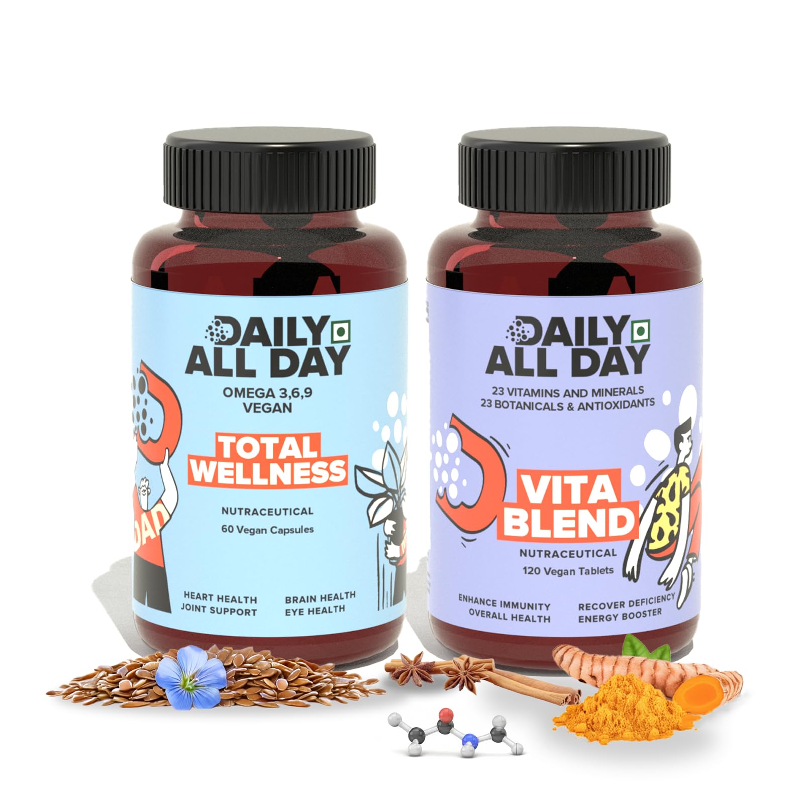 Daily All Day Multivitamin Tablet with Vegetarian Omega 3 6 9 Combo for Men & Women, Supplement for immunity, Heart Health, Brain, hair and skin. Biotin, K12, Vitamin D3 k2 C E