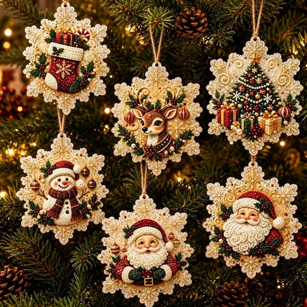 6PCS Christmas Wooden Ornaments DIY Pearl Diamond Art Painting Kit