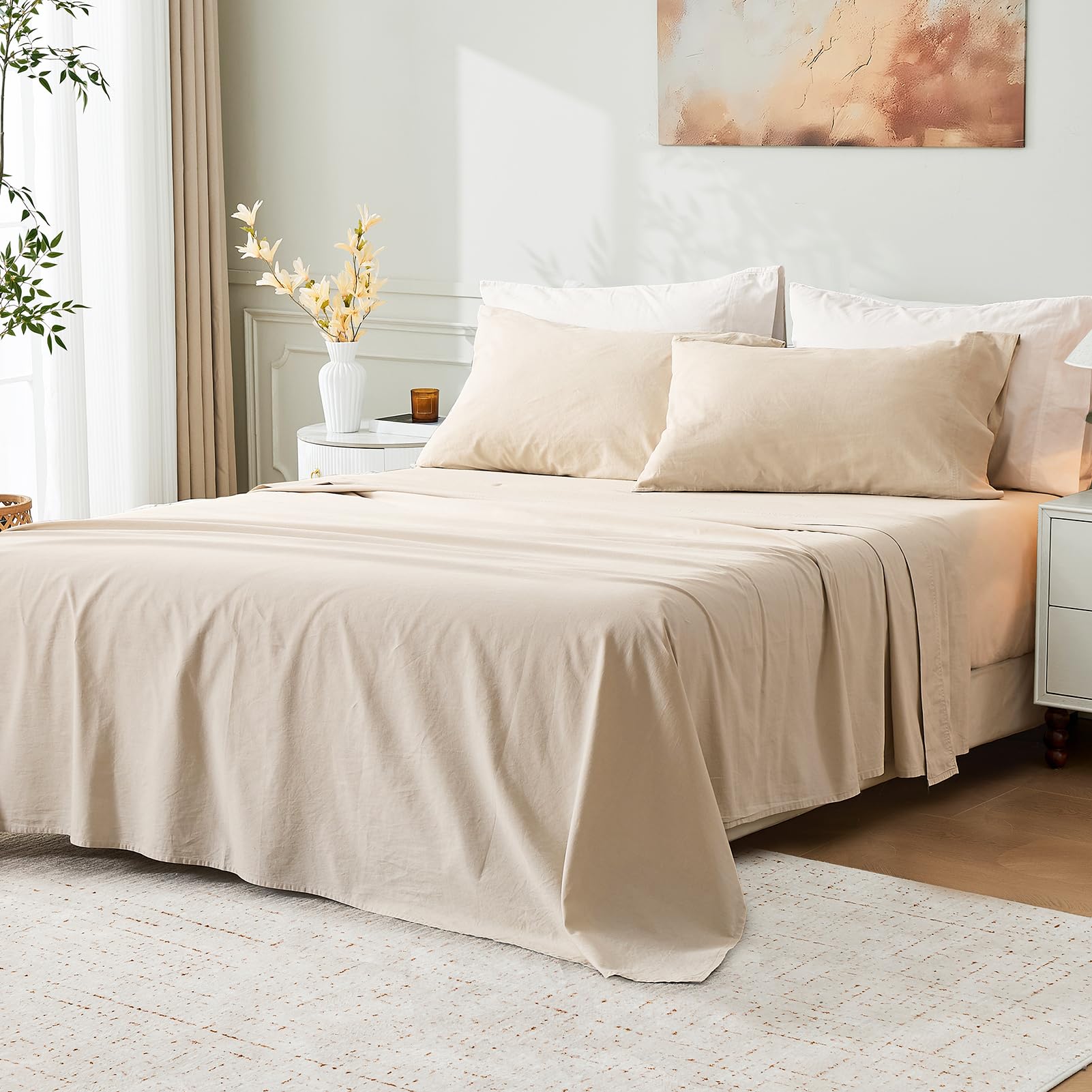 MEISHANG Stone Washed French Linen Sheets Queen